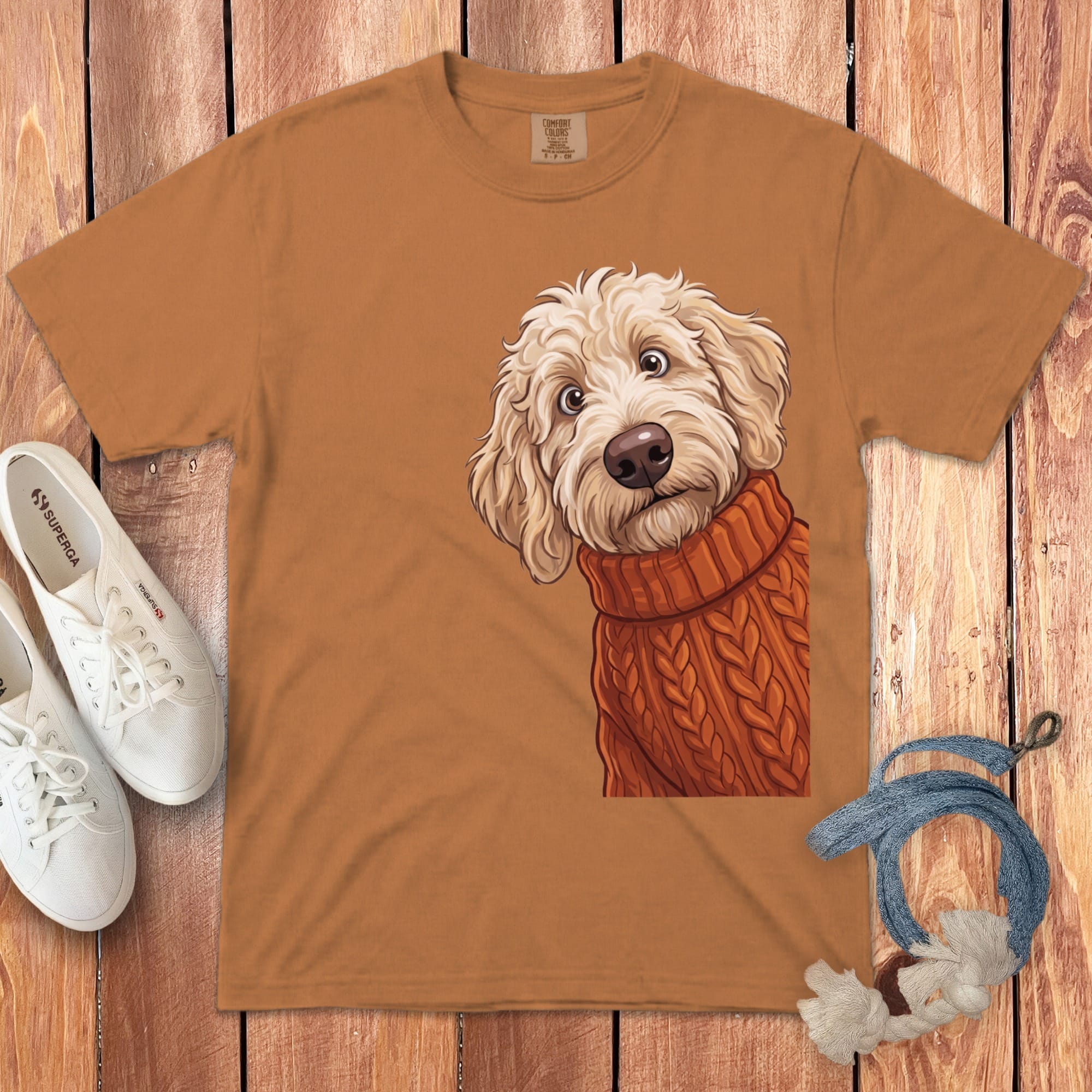 Sweater Weather Cream Goldendoodle Signature T-Shirt in Yam / S / T-Shirts by Puppy Jo