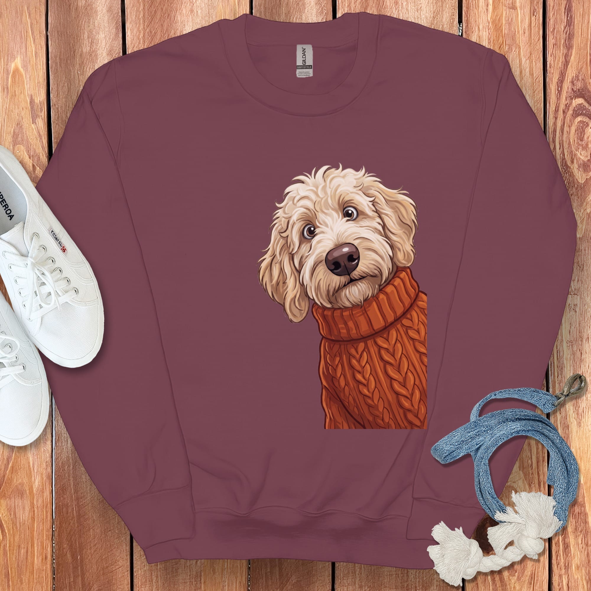 Sweater Weather Cream Goldendoodle Sweatshirt in Maroon / S by Puppy Jo