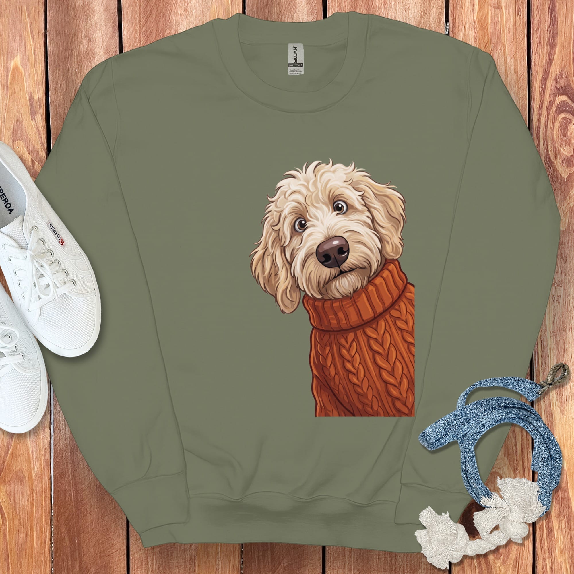 Sweater Weather Cream Goldendoodle Sweatshirt in Military Green / S by Puppy Jo