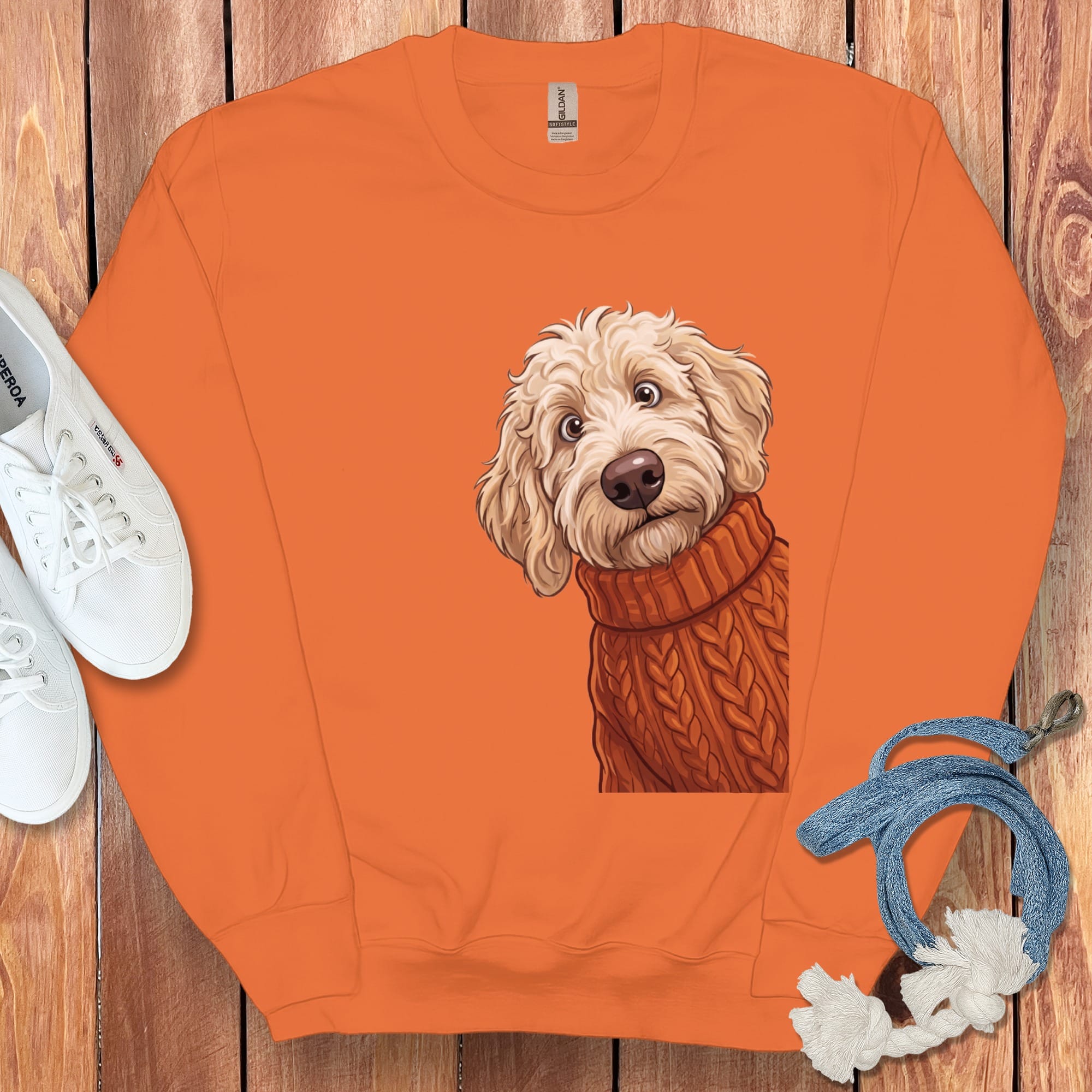 Sweater Weather Cream Goldendoodle Sweatshirt in Orange / M by Puppy Jo