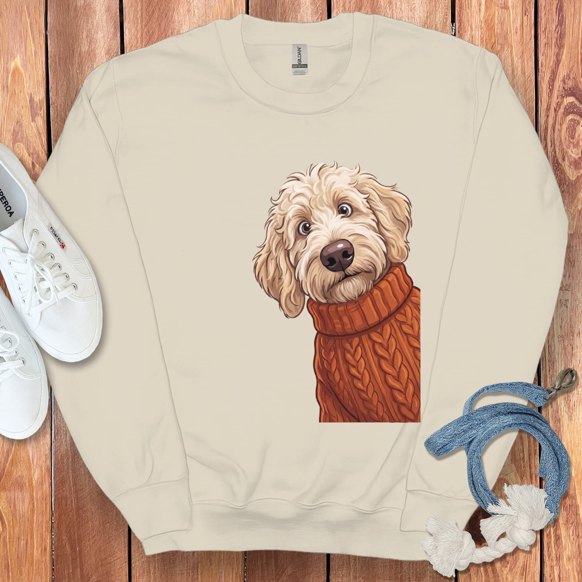 Sweater Weather Cream Goldendoodle Sweatshirt in Sand / S by Puppy Jo