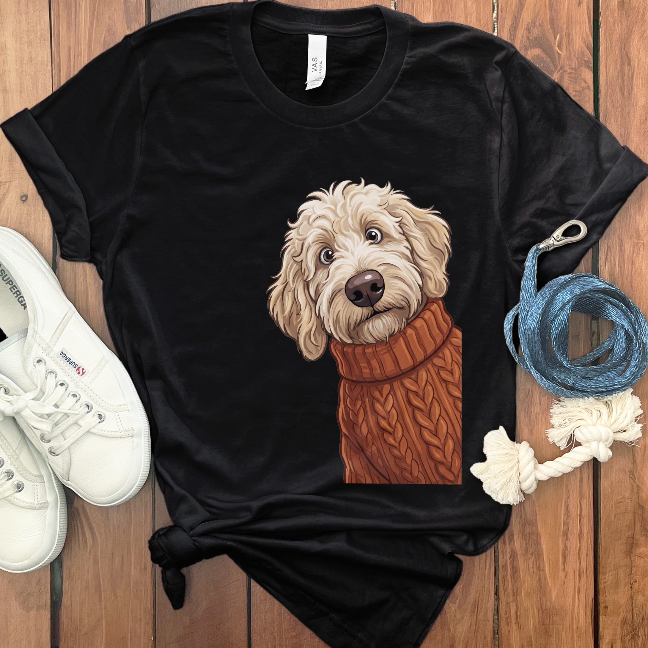Sweater Weather Cream Goldendoodle T-Shirt in Black / S by Puppy Jo
