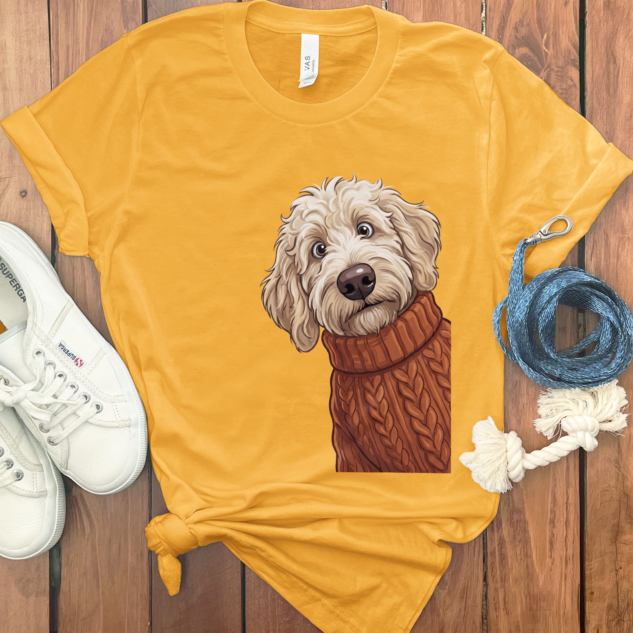 Sweater Weather Cream Goldendoodle T-Shirt in Gold / S by Puppy Jo