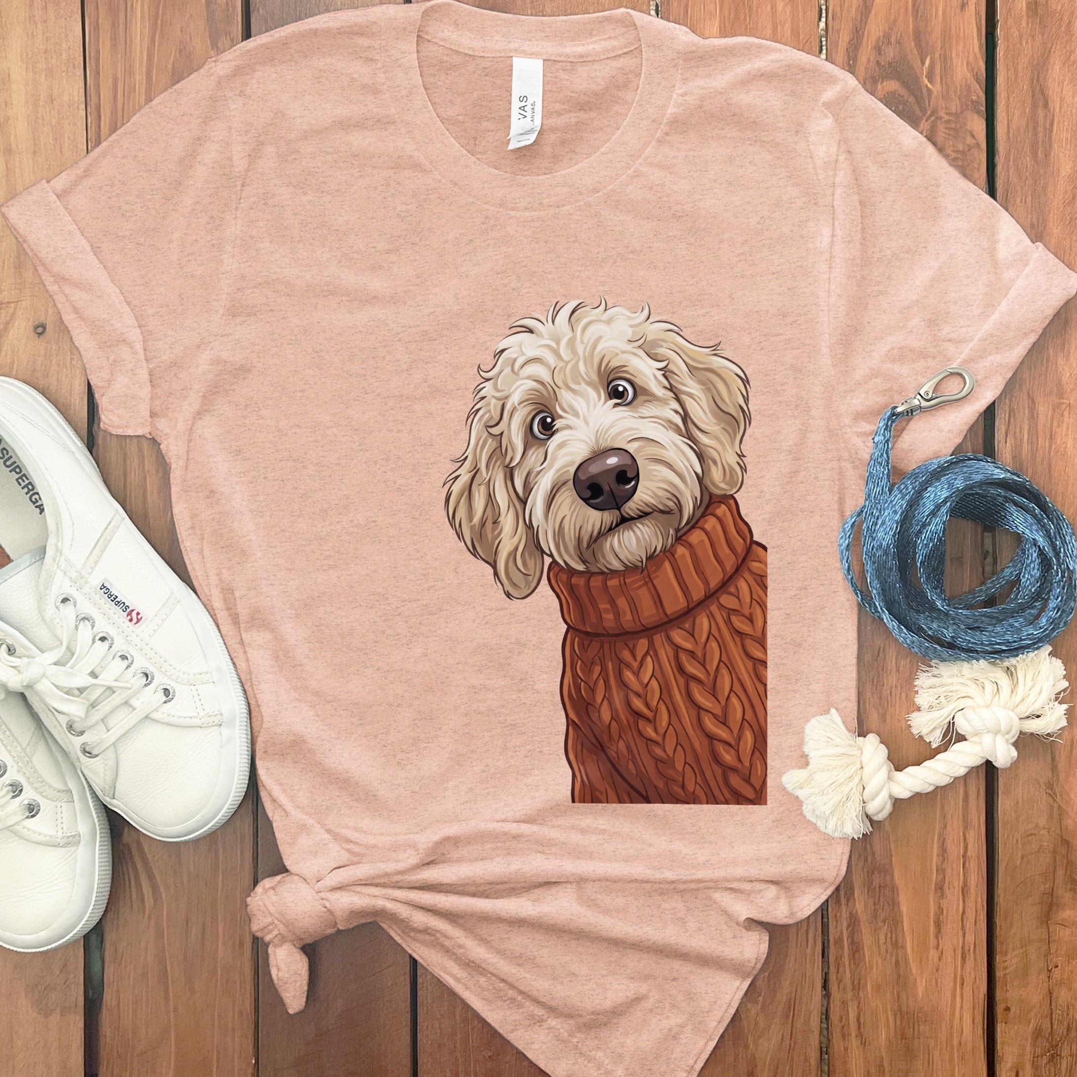 Sweater Weather Cream Goldendoodle T-Shirt in Heather Peach / S by Puppy Jo