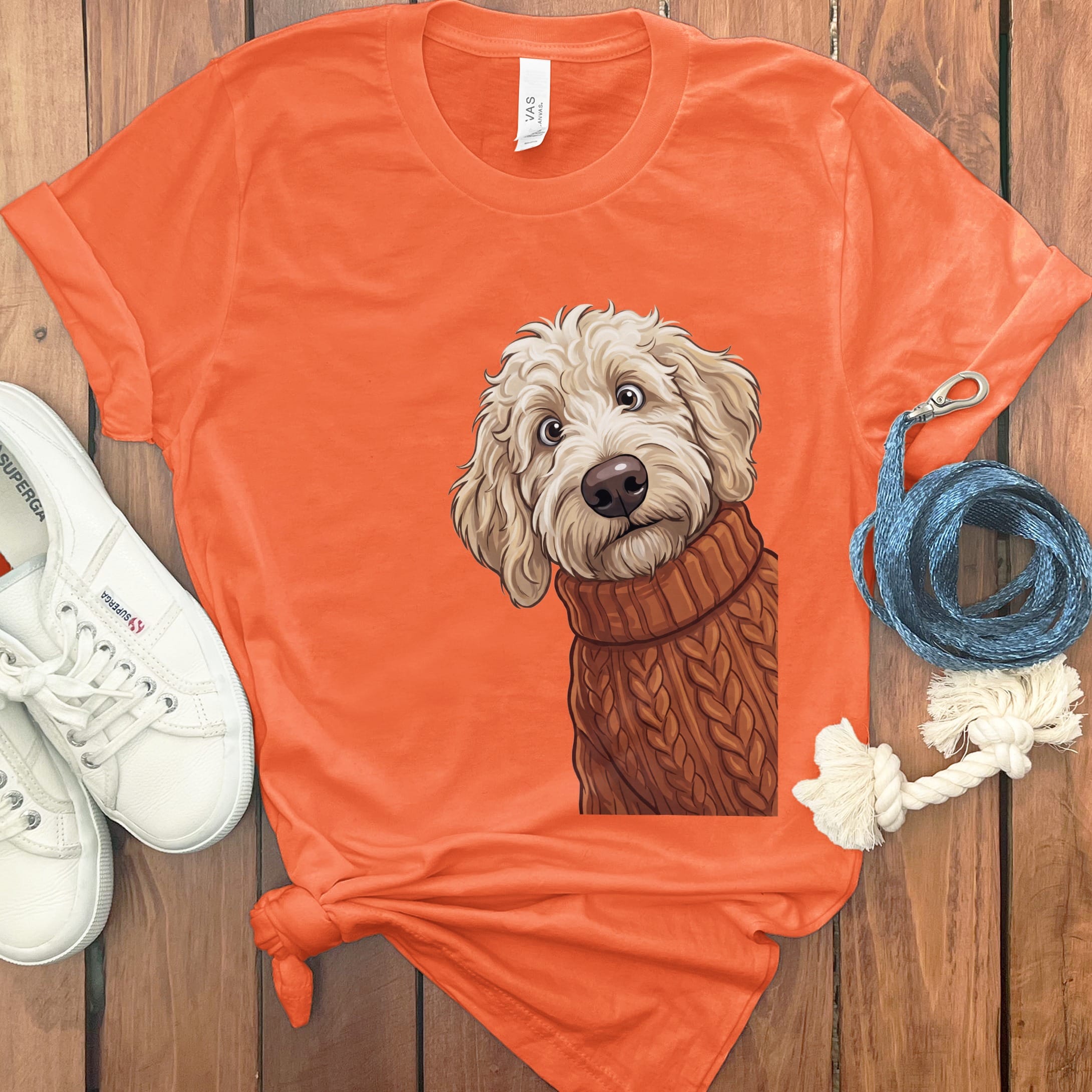 Sweater Weather Cream Goldendoodle T-Shirt in Orange / S by Puppy Jo