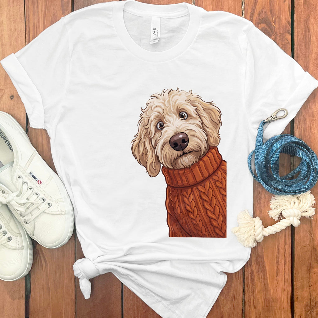 Sweater Weather Cream Goldendoodle T-Shirt in White / S by Puppy Jo