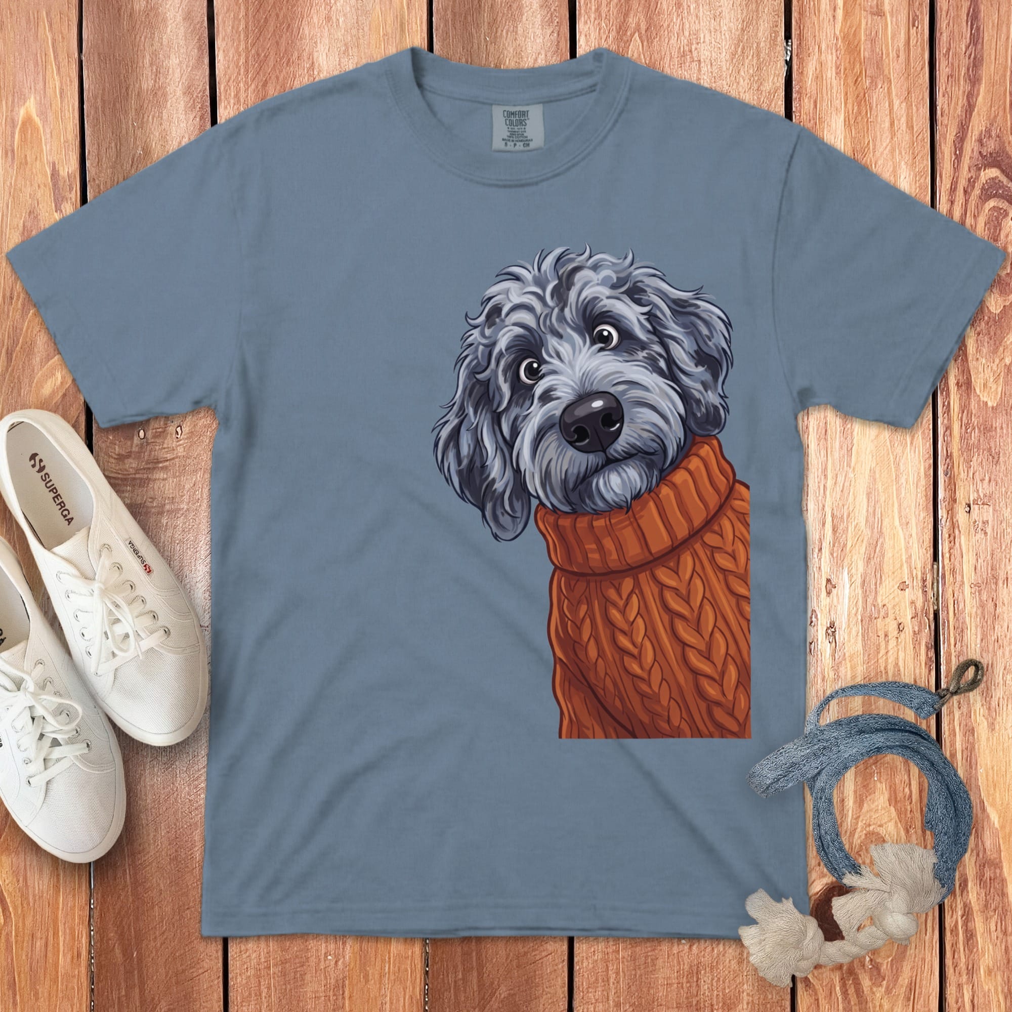 Sweater Weather Merle Goldendoodle Signature T-Shirt in Blue Jean / S / T-Shirts by Puppy Jo