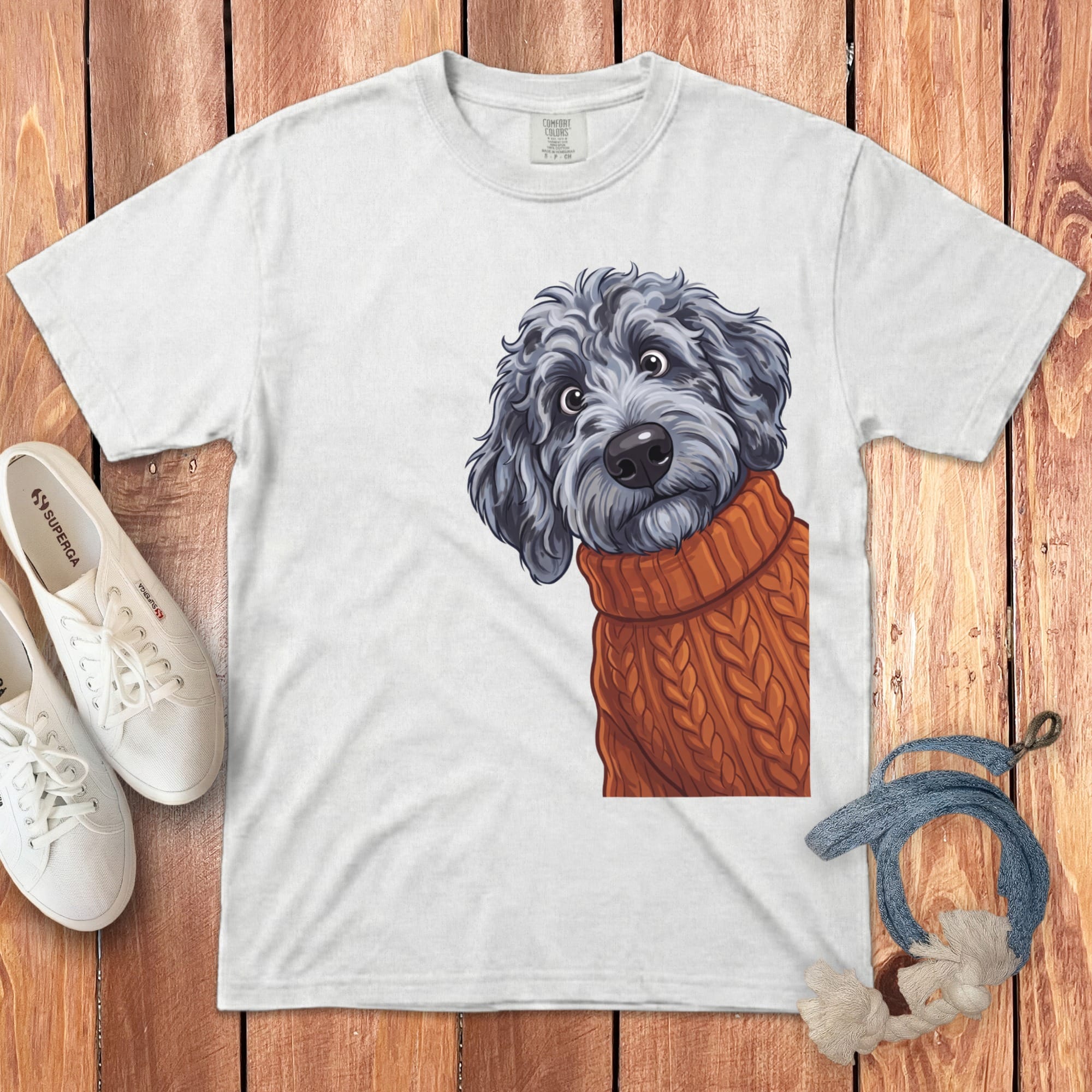 Sweater Weather Merle Goldendoodle Signature T-Shirt in White / S / T-Shirts by Puppy Jo