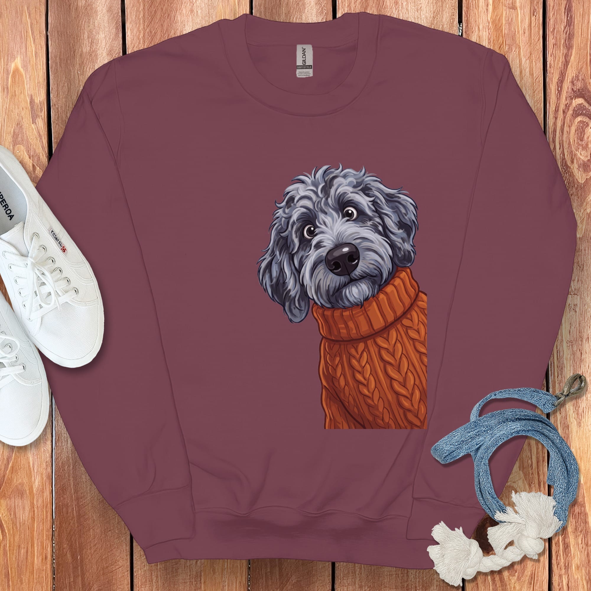 Sweater Weather Merle Goldendoodle Sweatshirt in Maroon / S by Puppy Jo