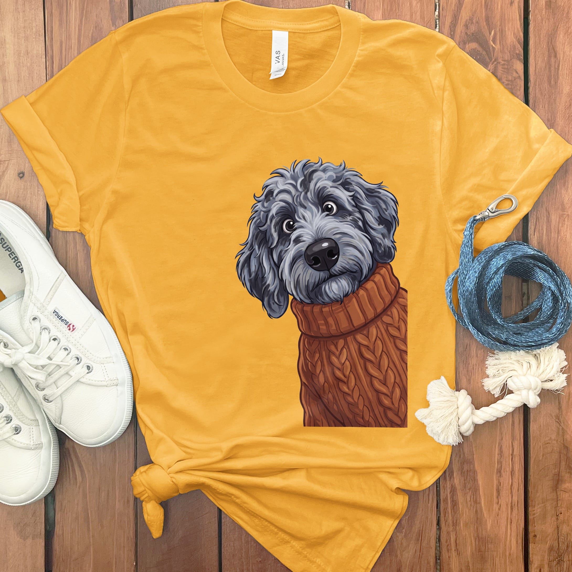 Sweater Weather Merle Goldendoodle T-Shirt in Gold / S by Puppy Jo
