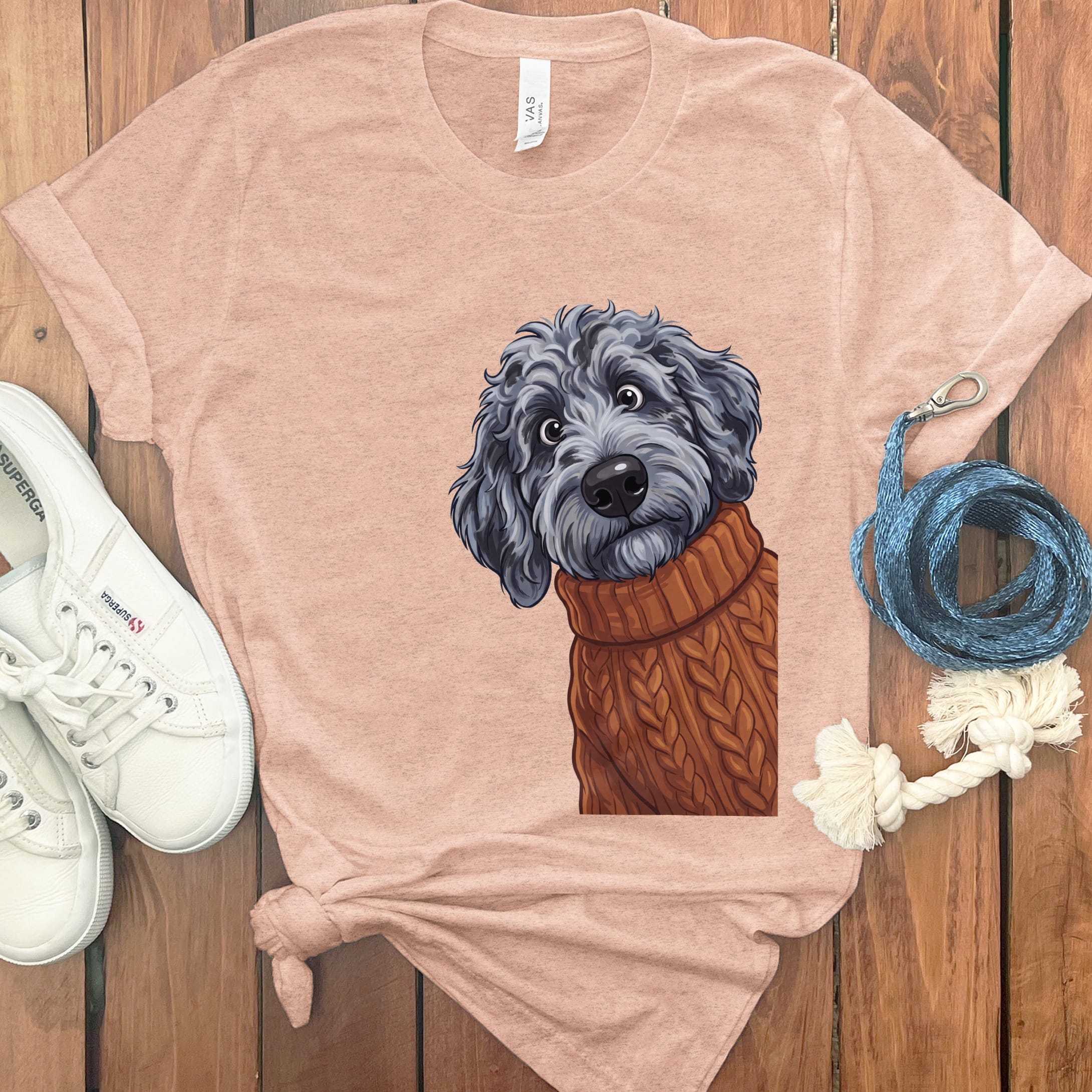 Sweater Weather Merle Goldendoodle T-Shirt in Heather Peach / S by Puppy Jo