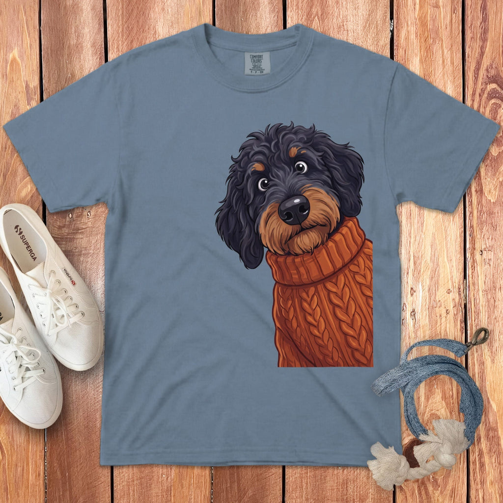 Sweater Weather Phantom Goldendoodle Signature T-Shirt in Blue Jean / S / T-Shirts by Puppy Jo