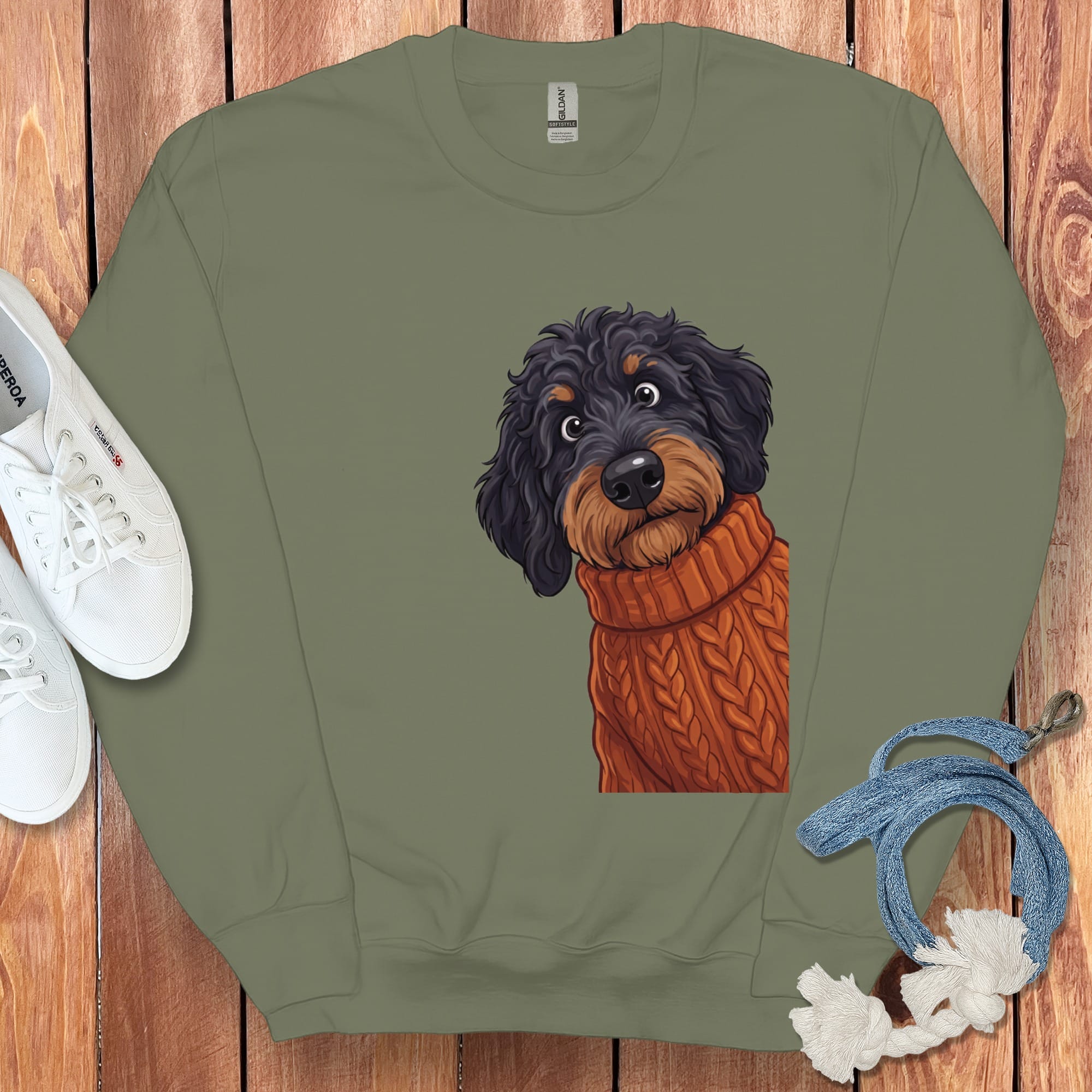 Sweater Weather Phantom Goldendoodle Sweatshirt in Military Green / S by Puppy Jo