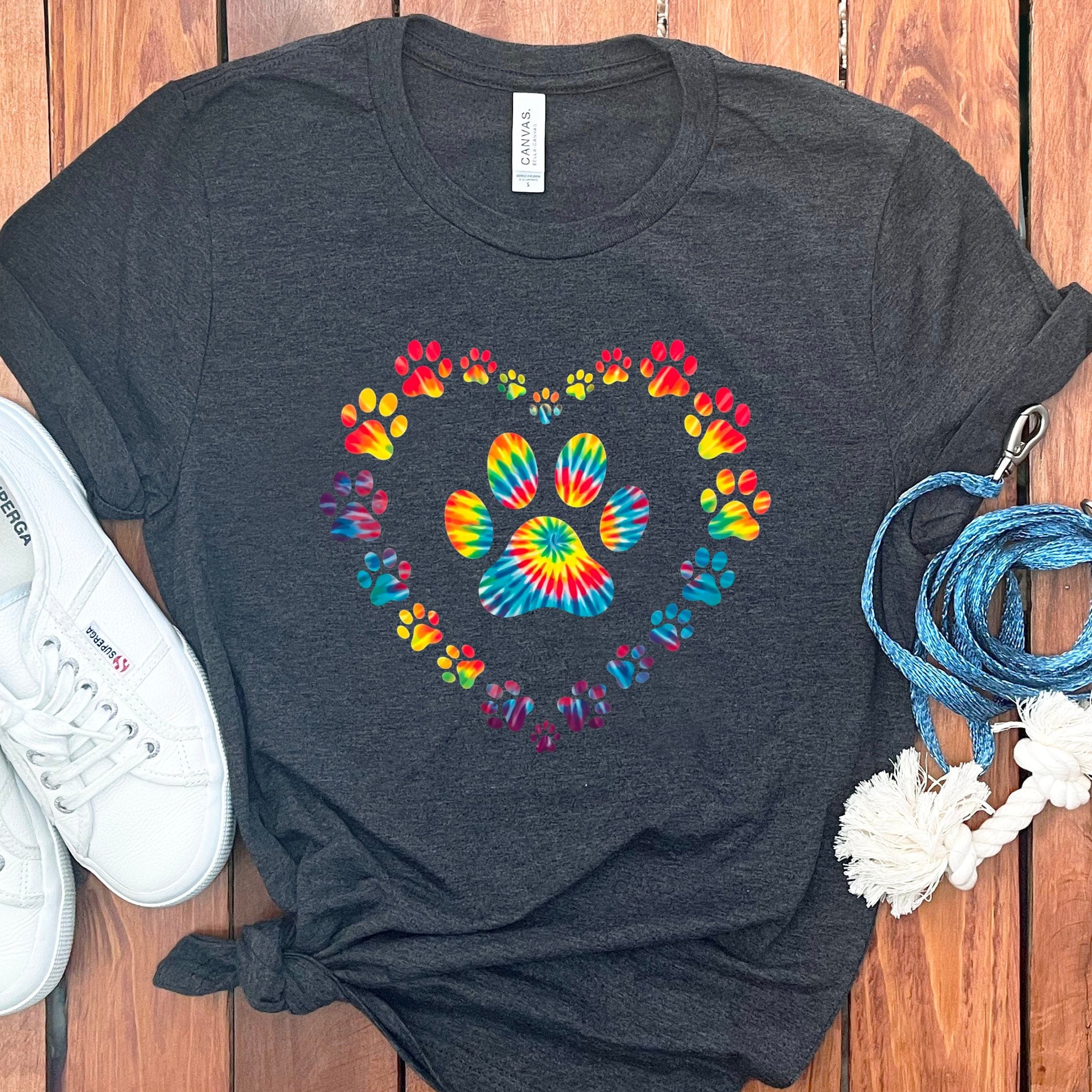 Tie Dye Heart Paw T-Shirt in Dark Grey Heather / S by Puppy Jo