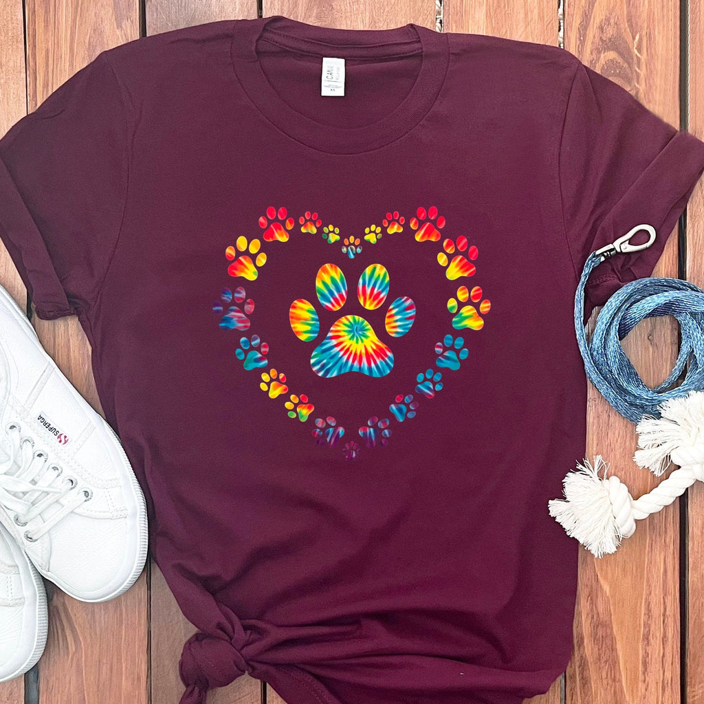 Tie Dye Heart Paw T-Shirt in Maroon / S by Puppy Jo