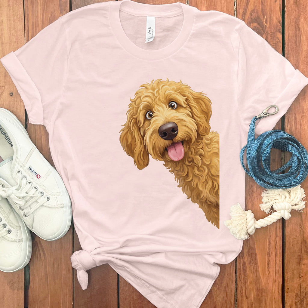 Tongue Out Apricot Goldendoodle T-Shirt in Soft Pink / S by MyDesigns
