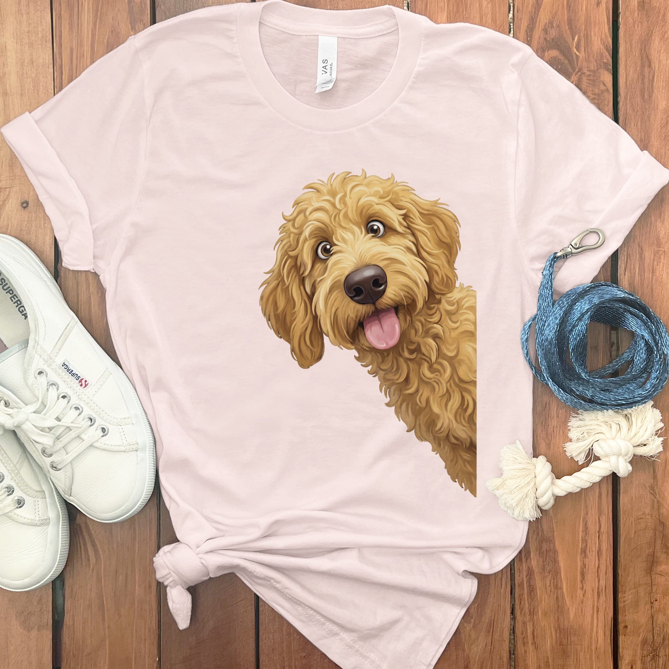 Tongue Out Apricot Goldendoodle T-Shirt in Soft Pink / S by MyDesigns