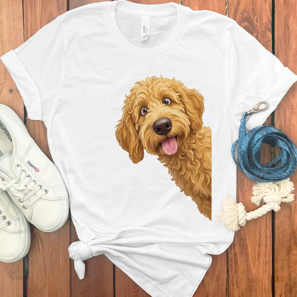 Tongue Out Apricot Goldendoodle T-Shirt in White / S by MyDesigns
