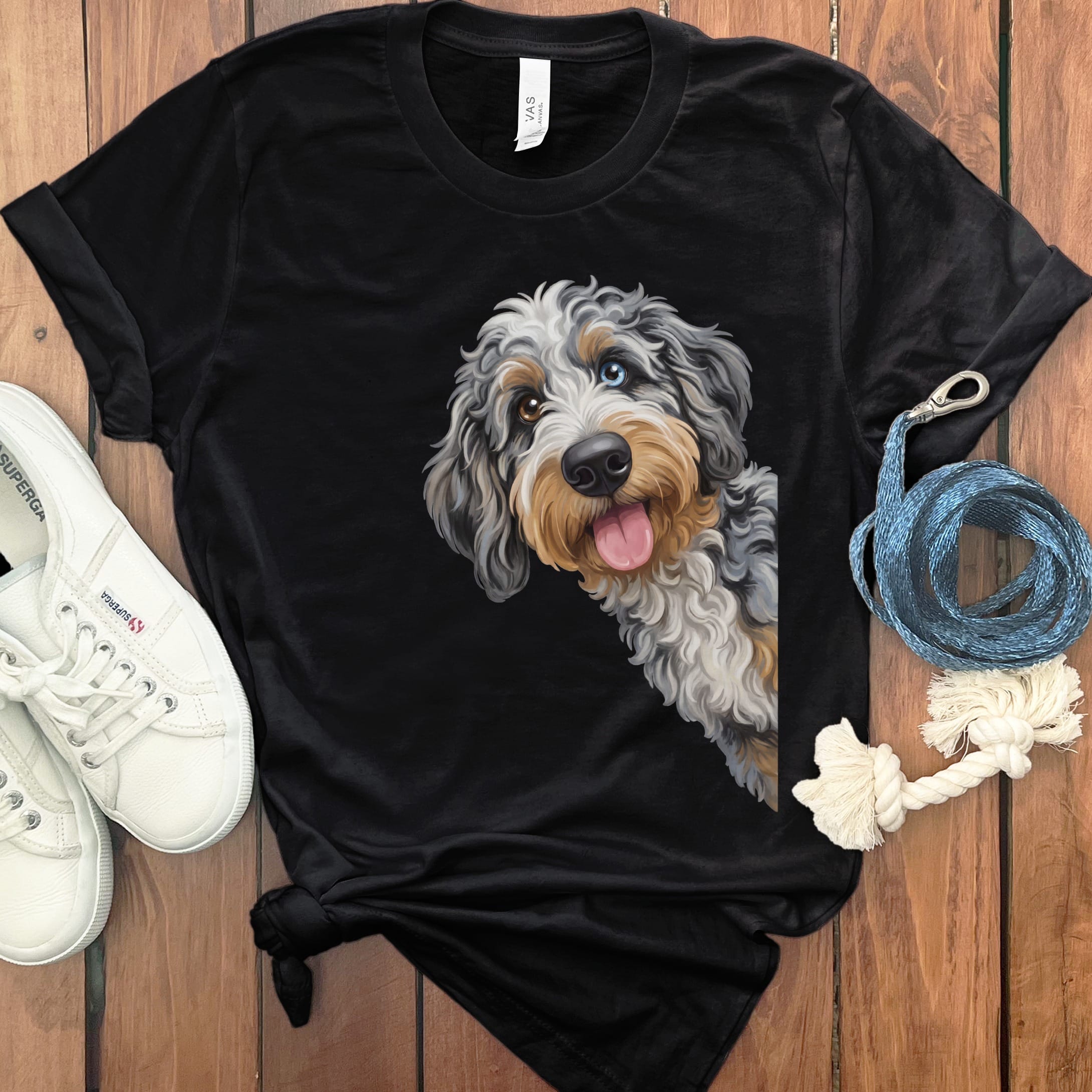 Tongue Out Aussiedoodle T-Shirt in Black / S by MyDesigns