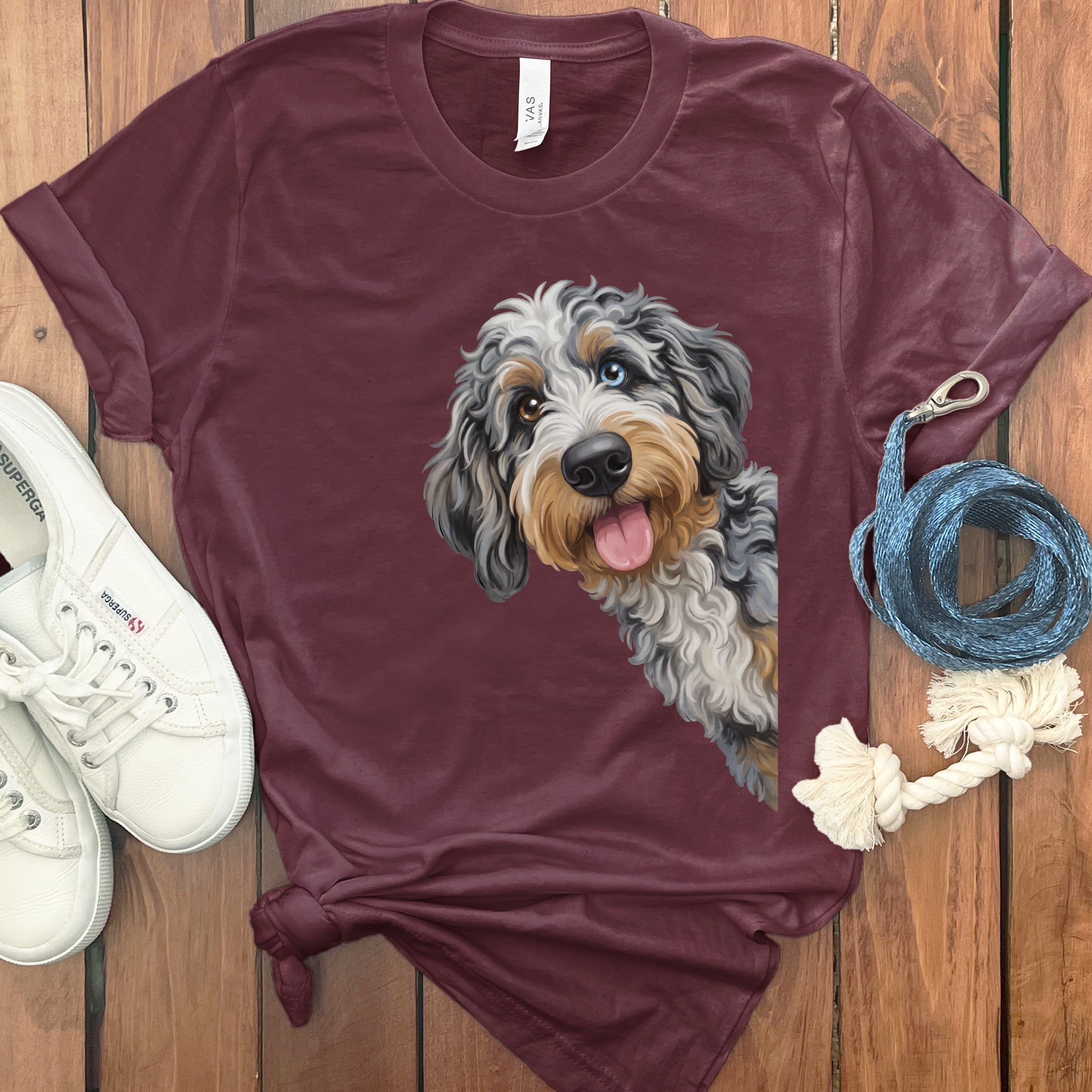 Tongue Out Aussiedoodle T-Shirt in Maroon / S by MyDesigns