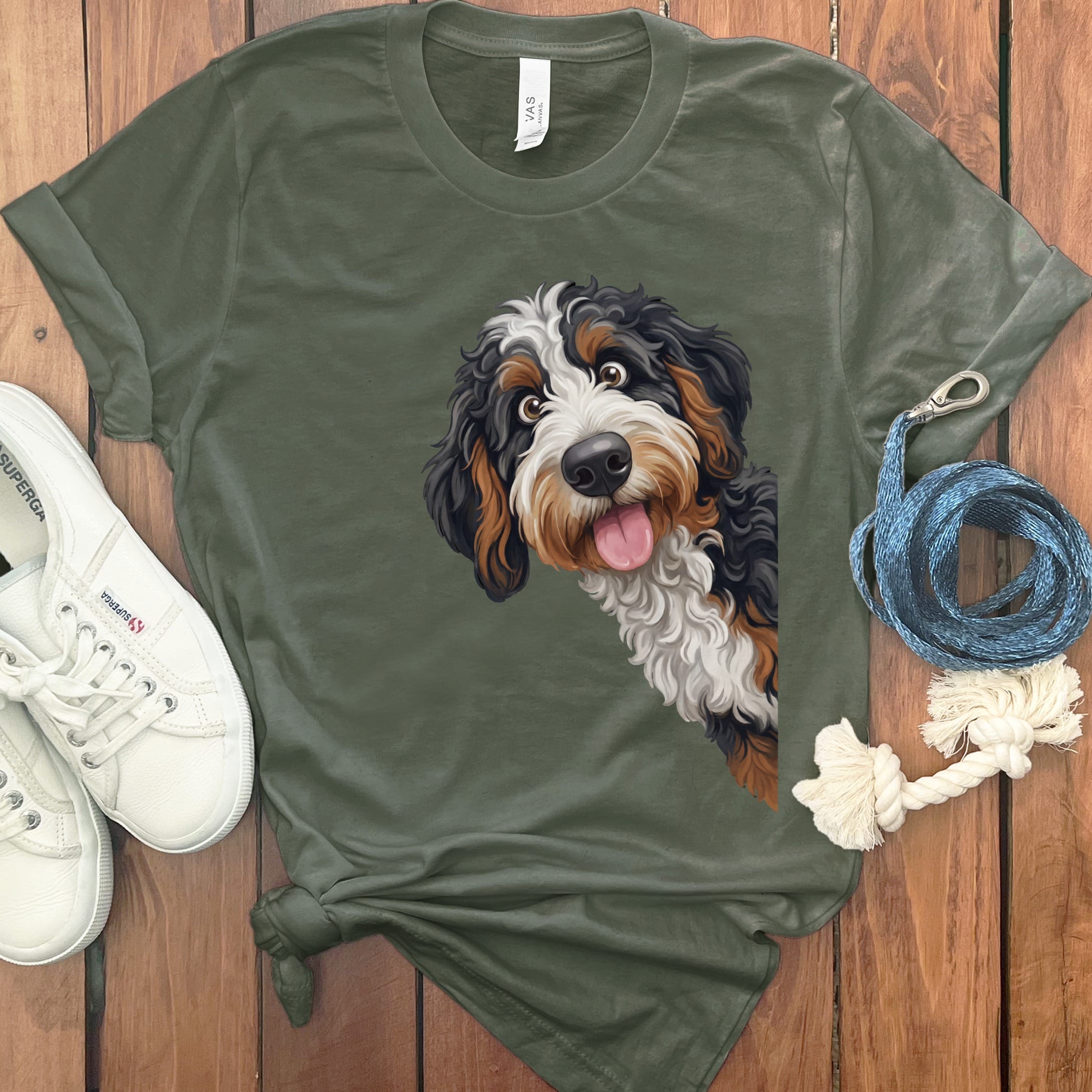 Tongue Out Bernedoodle T-Shirt in Military Green / S by MyDesigns