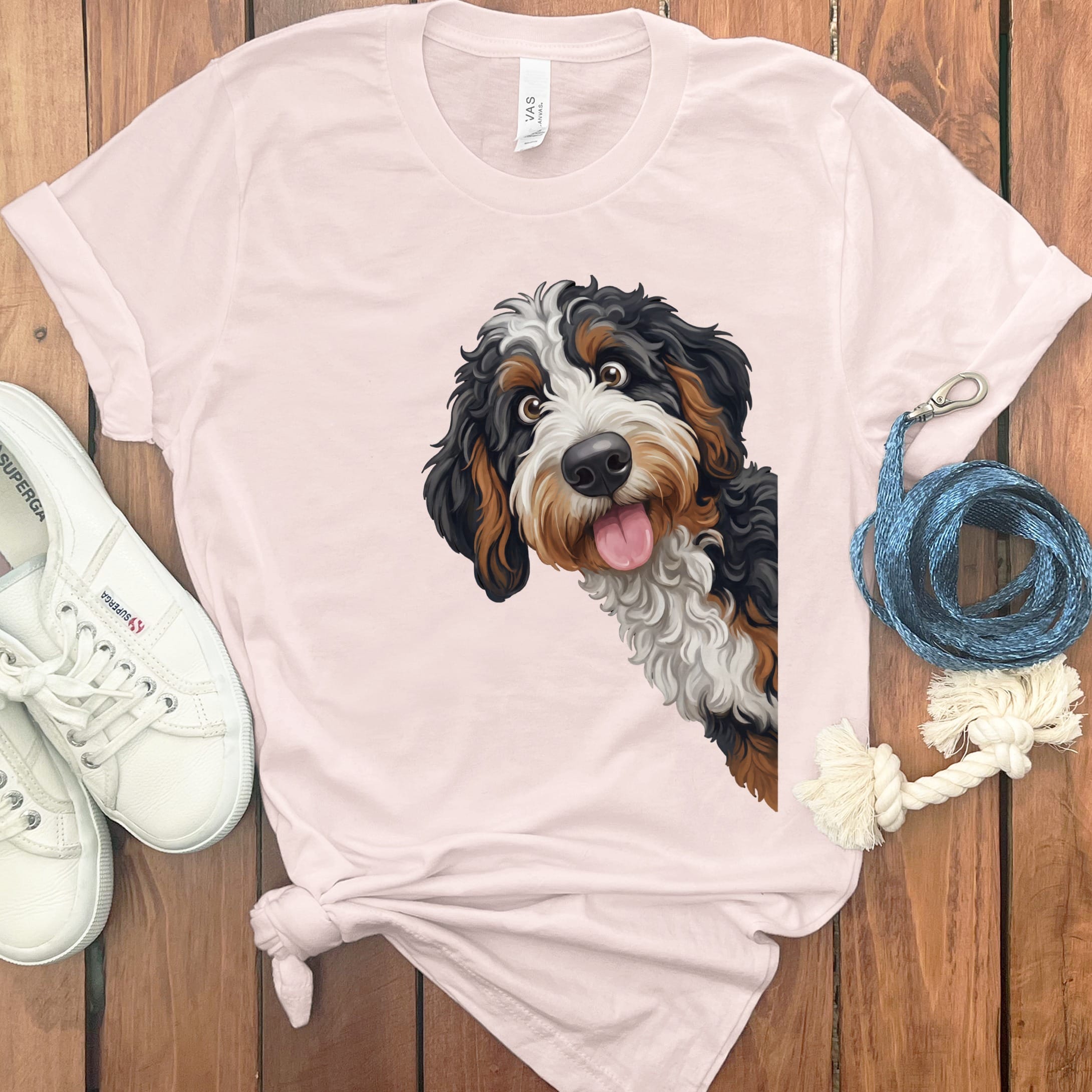 Tongue Out Bernedoodle T-Shirt in Soft Pink / S by MyDesigns