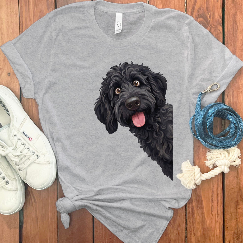 Tongue Out Black Goldendoodle T-Shirt in Athletic Heather / S by MyDesigns