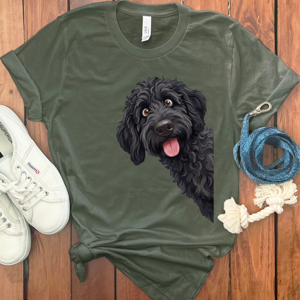 Tongue Out Black Goldendoodle T-Shirt in Military Green / S by MyDesigns