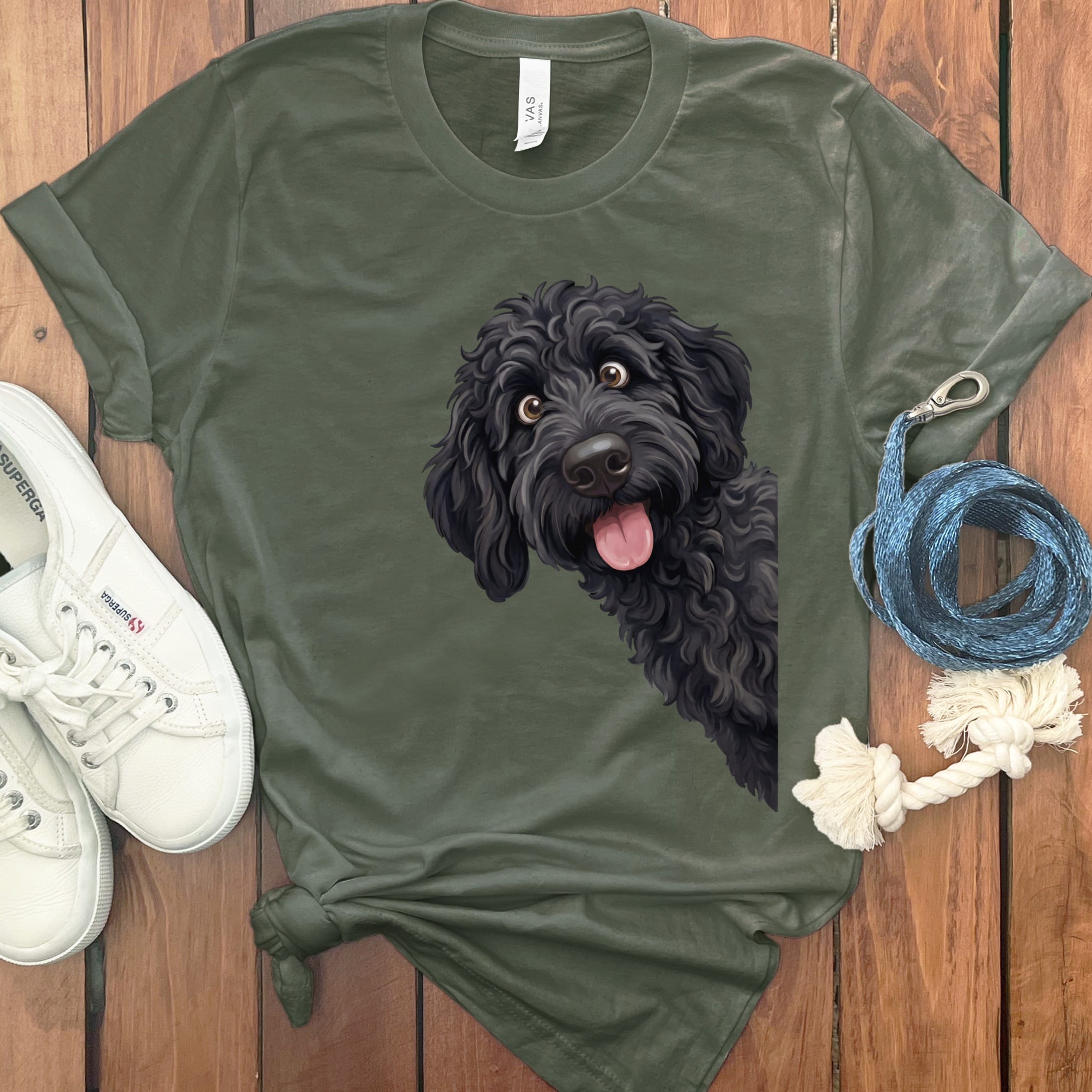 Tongue Out Black Goldendoodle T-Shirt in Military Green / S by MyDesigns