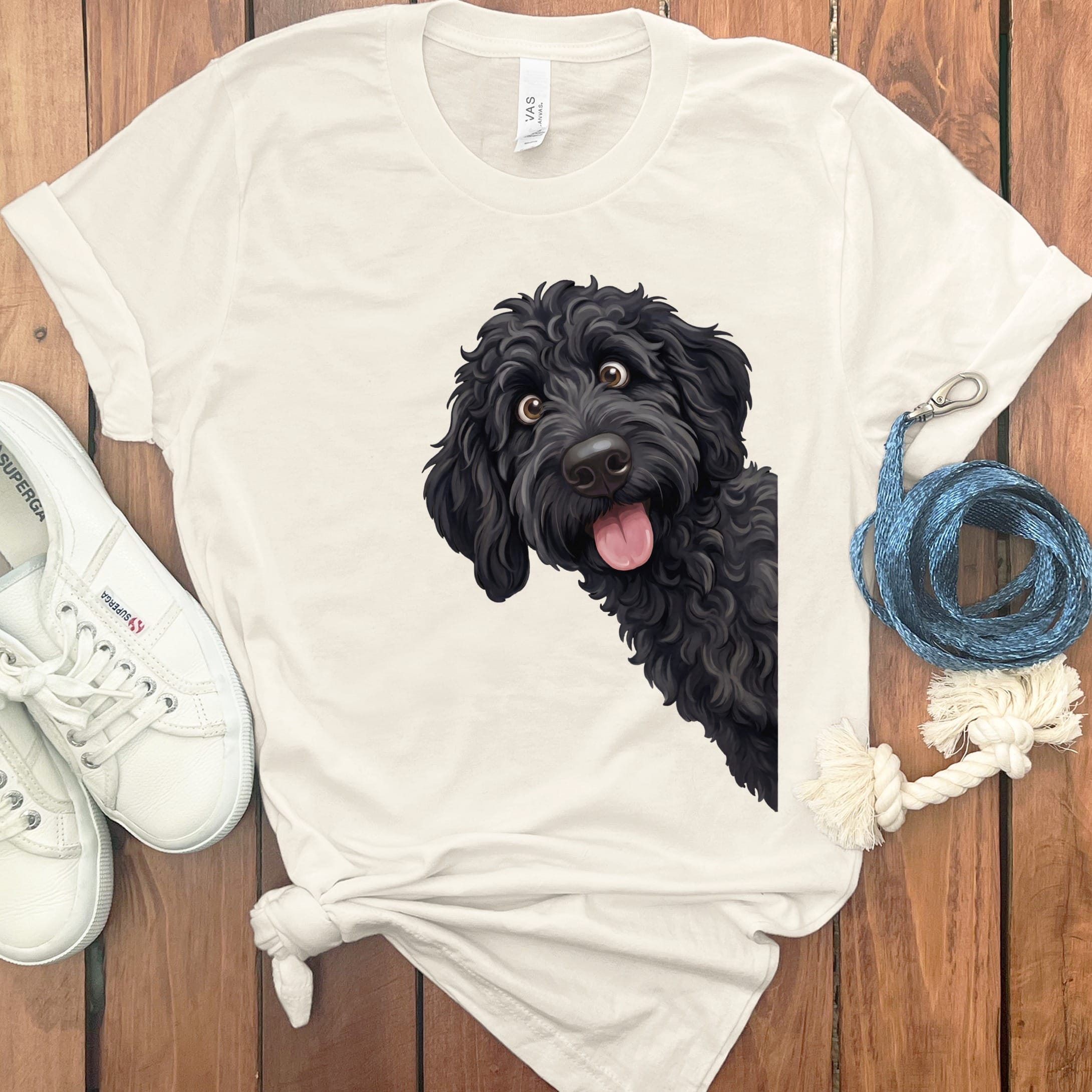 Tongue Out Black Goldendoodle T-Shirt in Natural / S by MyDesigns