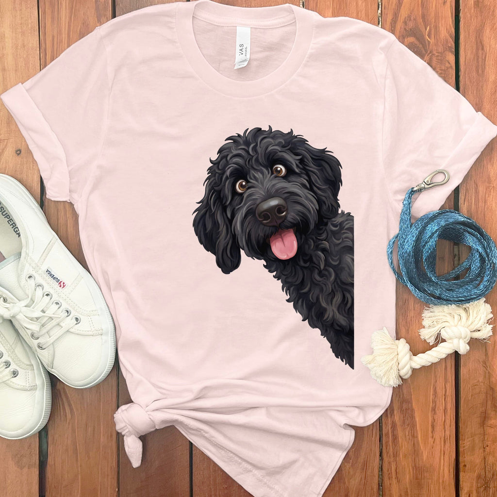 Tongue Out Black Goldendoodle T-Shirt in Soft Pink / S by MyDesigns