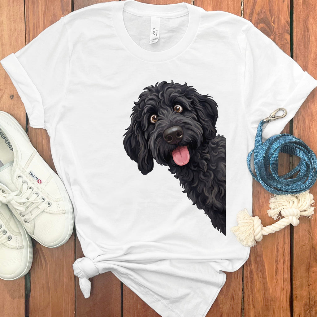 Tongue Out Black Goldendoodle T-Shirt in White / S by MyDesigns