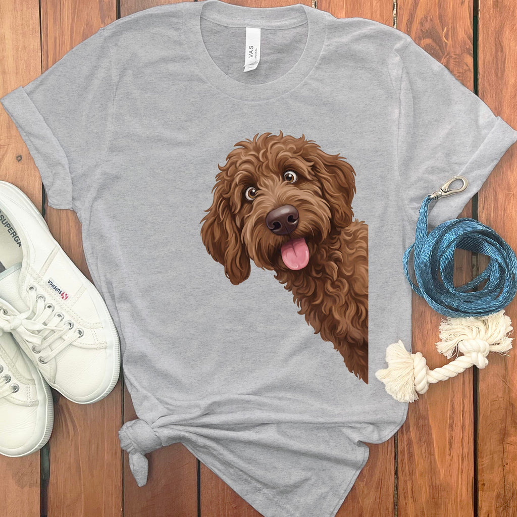 Tongue Out Chocolate Goldendoodle T-Shirt in Athletic Heather / S by MyDesigns
