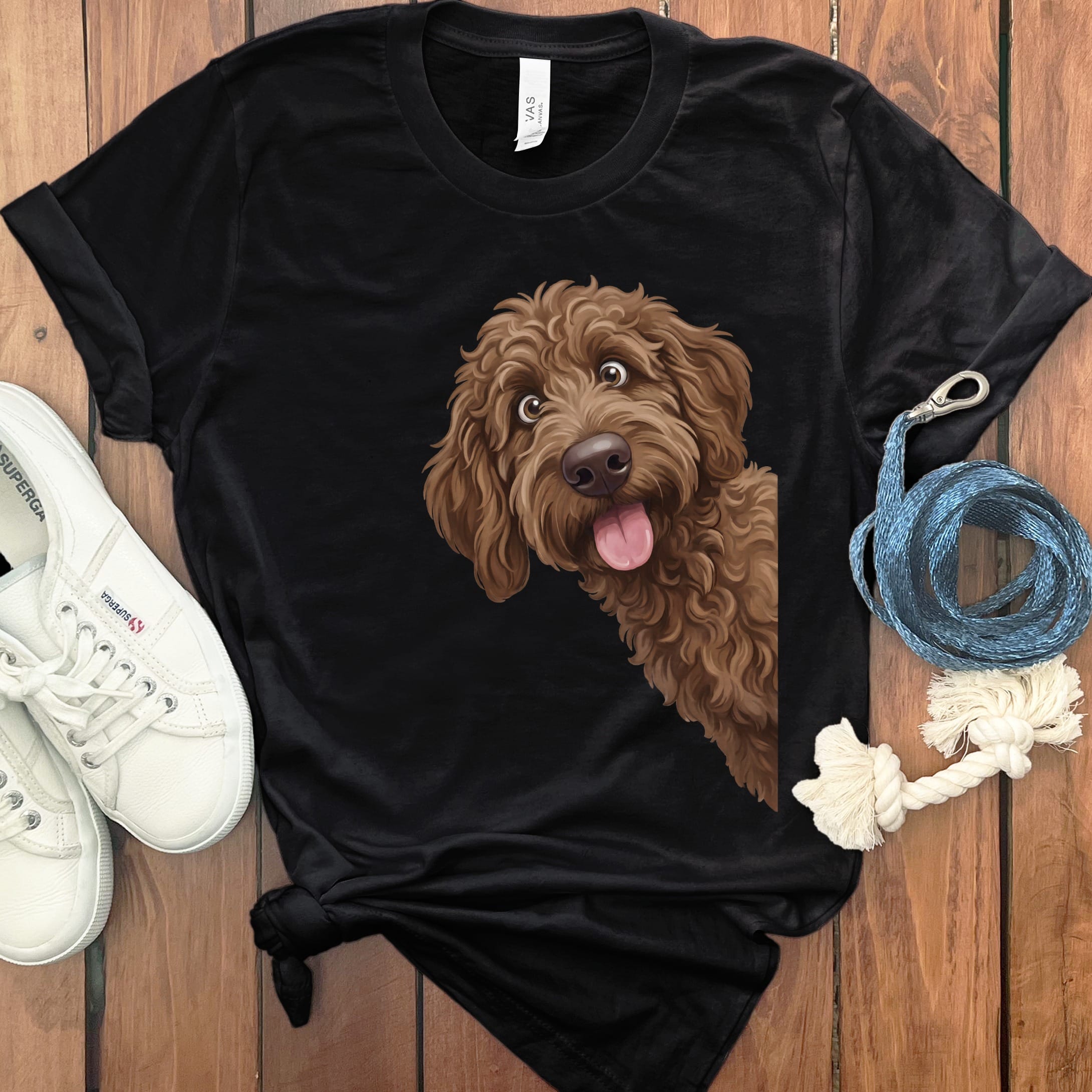 Tongue Out Chocolate Goldendoodle T-Shirt in Black / S by MyDesigns