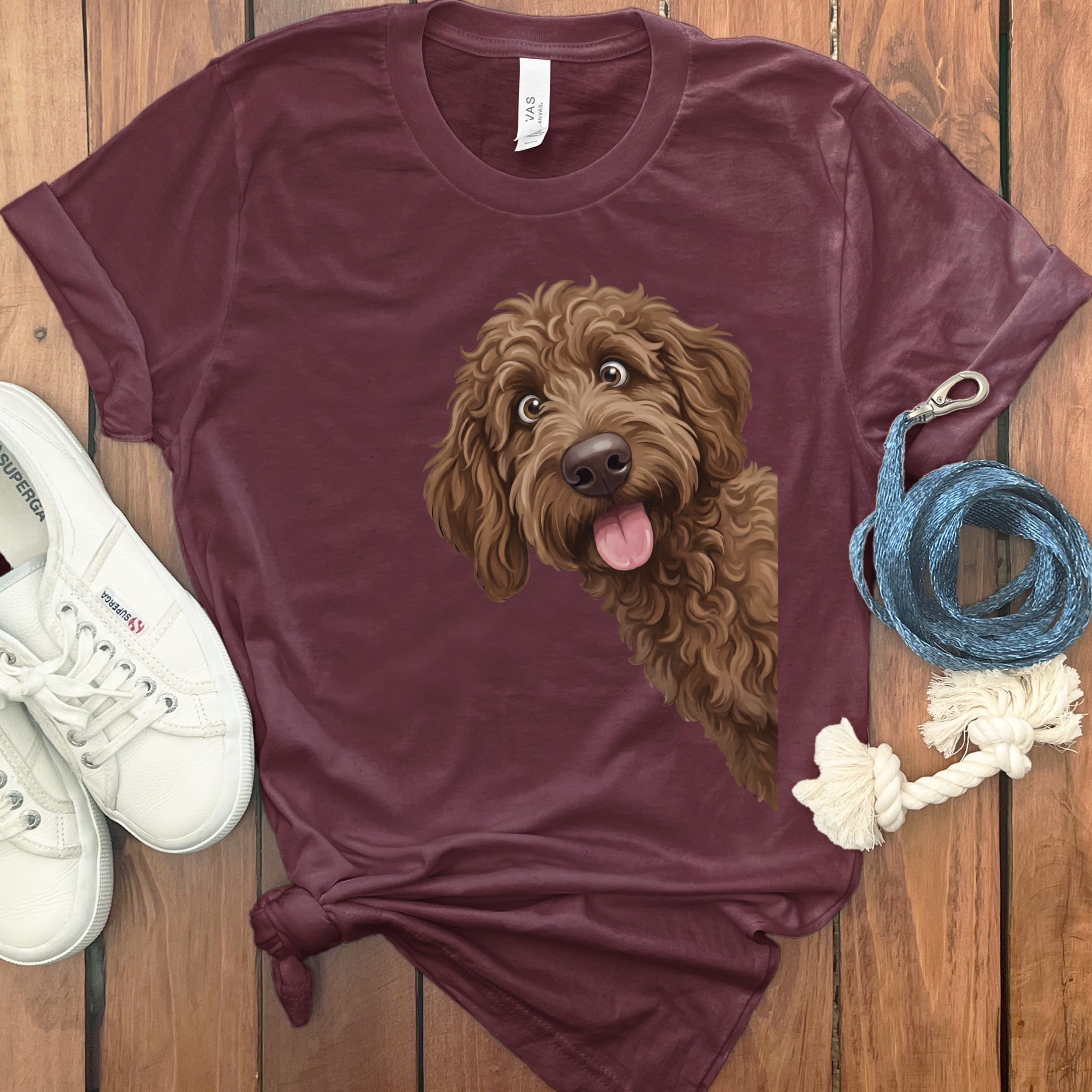 Tongue Out Chocolate Goldendoodle T-Shirt in Maroon / S by MyDesigns