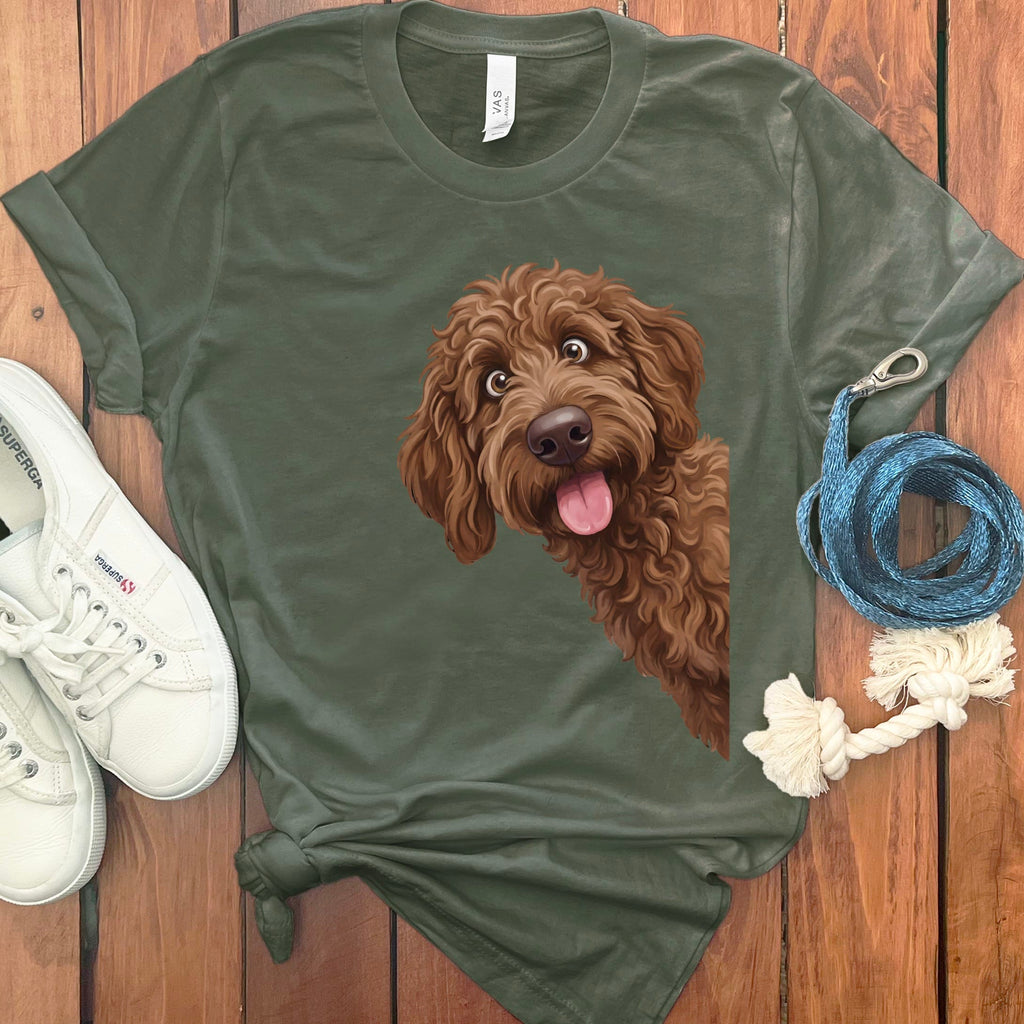 Tongue Out Chocolate Goldendoodle T-Shirt in Military Green / S by MyDesigns