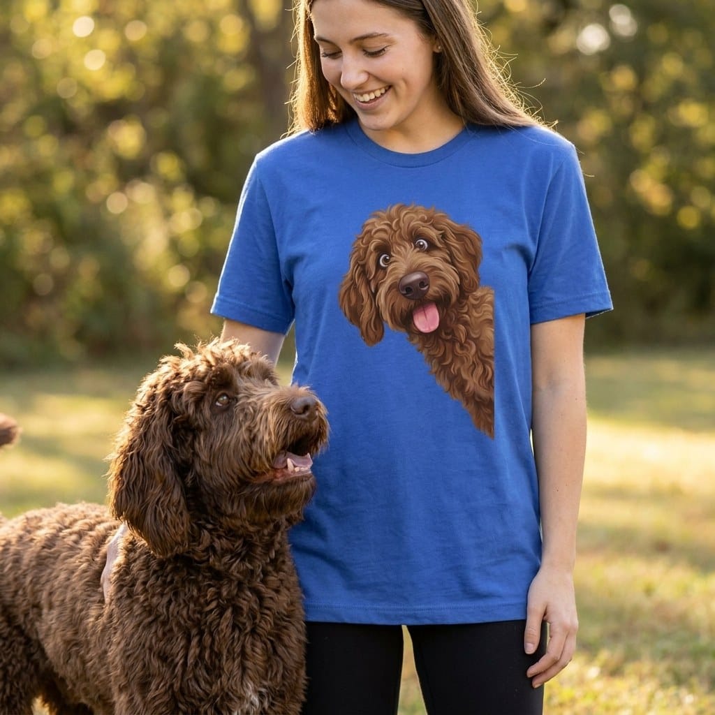 Tongue Out Chocolate Goldendoodle T-Shirt in by MyDesigns