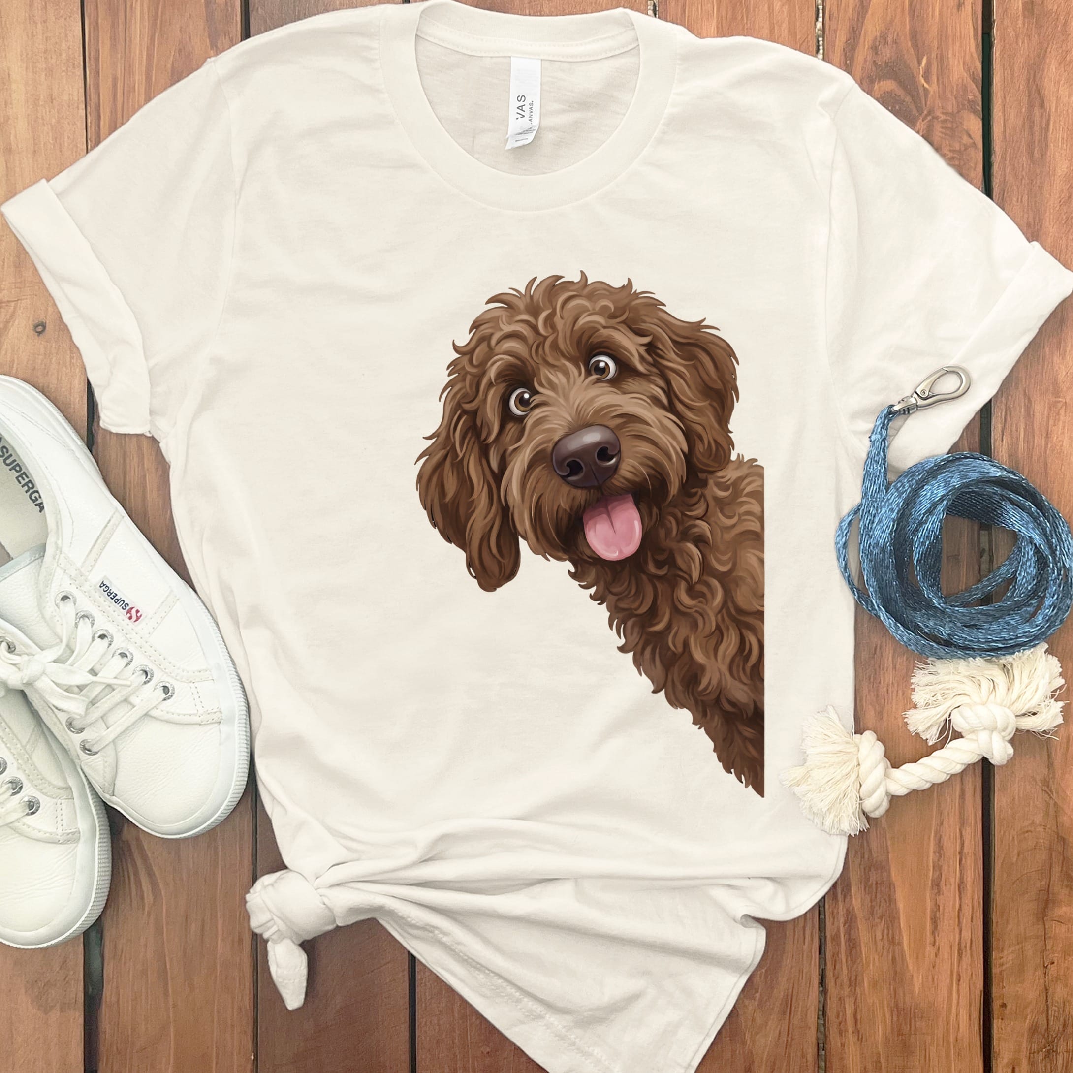Tongue Out Chocolate Goldendoodle T-Shirt in Natural / S by MyDesigns