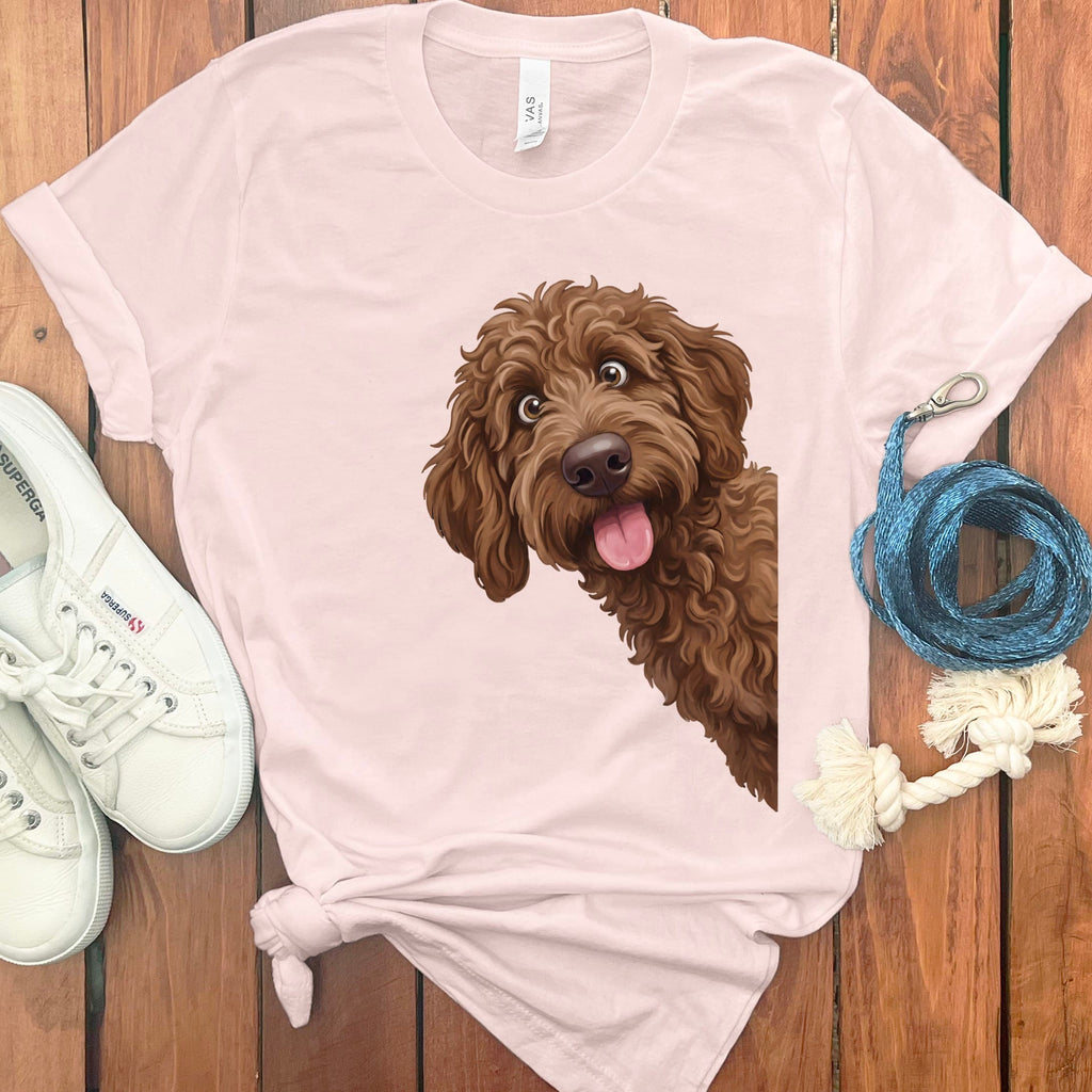 Tongue Out Chocolate Goldendoodle T-Shirt in Soft Pink / S by MyDesigns
