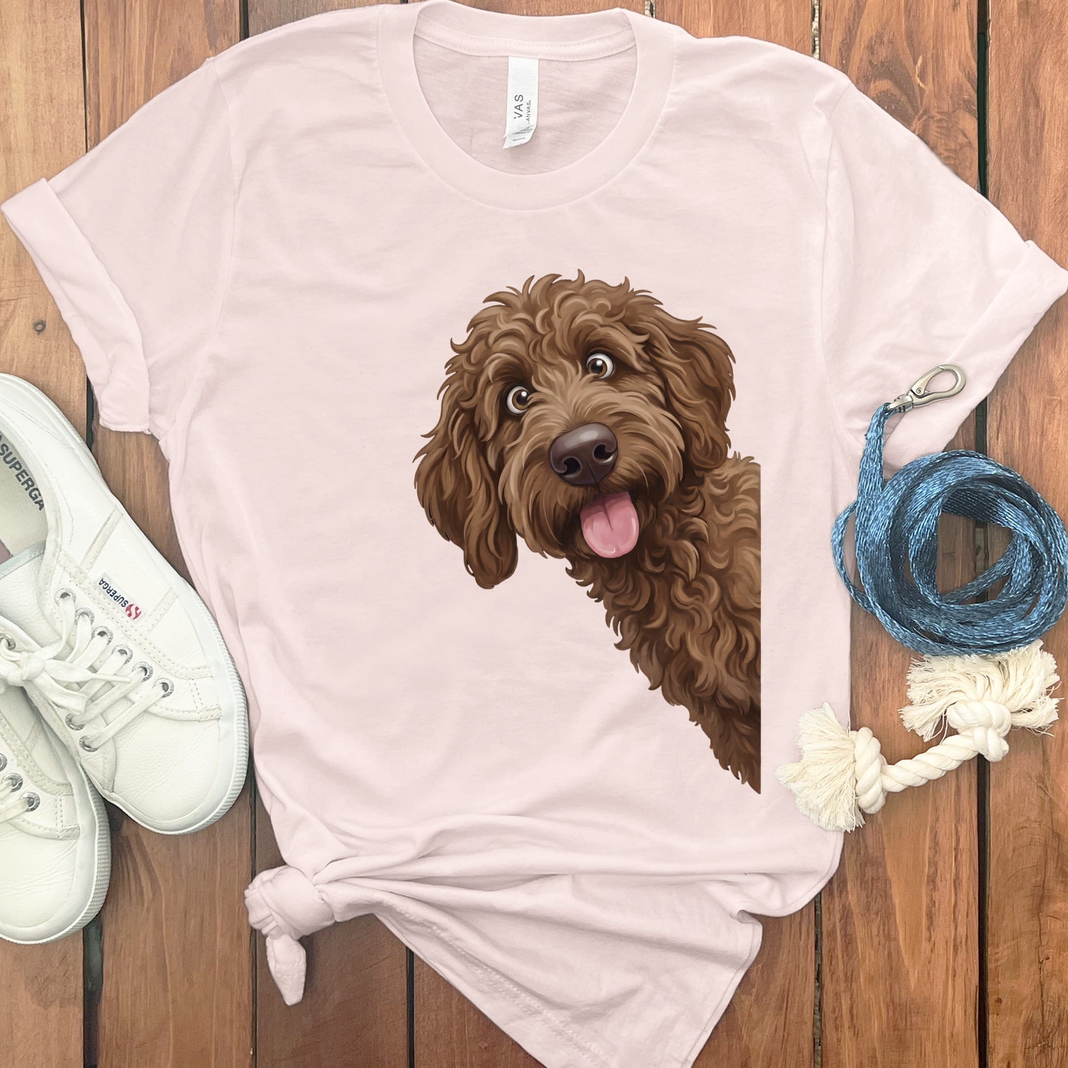 Tongue Out Chocolate Goldendoodle T-Shirt in Soft Pink / S by MyDesigns
