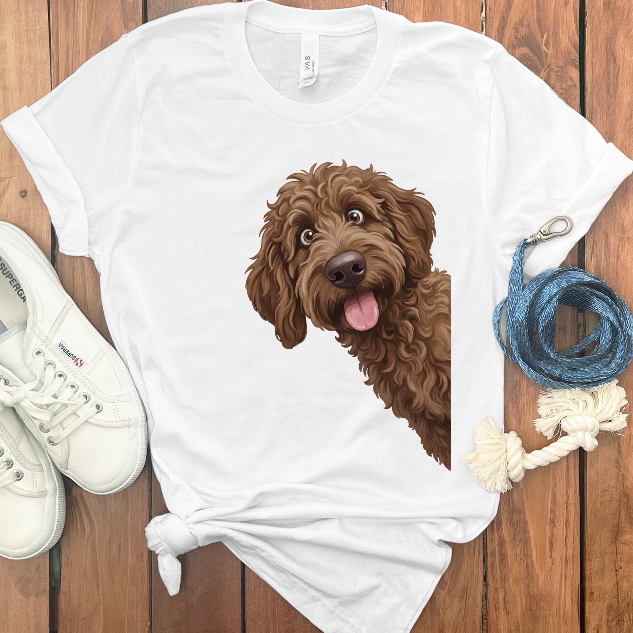 Tongue Out Chocolate Goldendoodle T-Shirt in White / S by MyDesigns