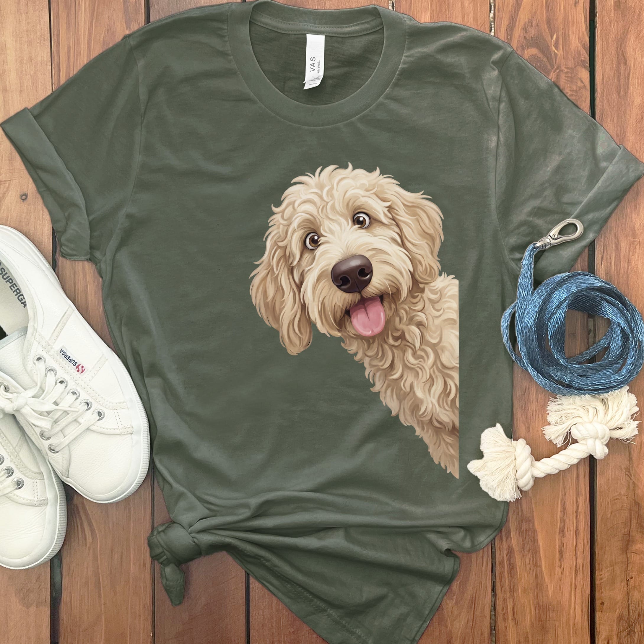 Tongue Out Cream Goldendoodle T-Shirt in Military Green / S by MyDesigns