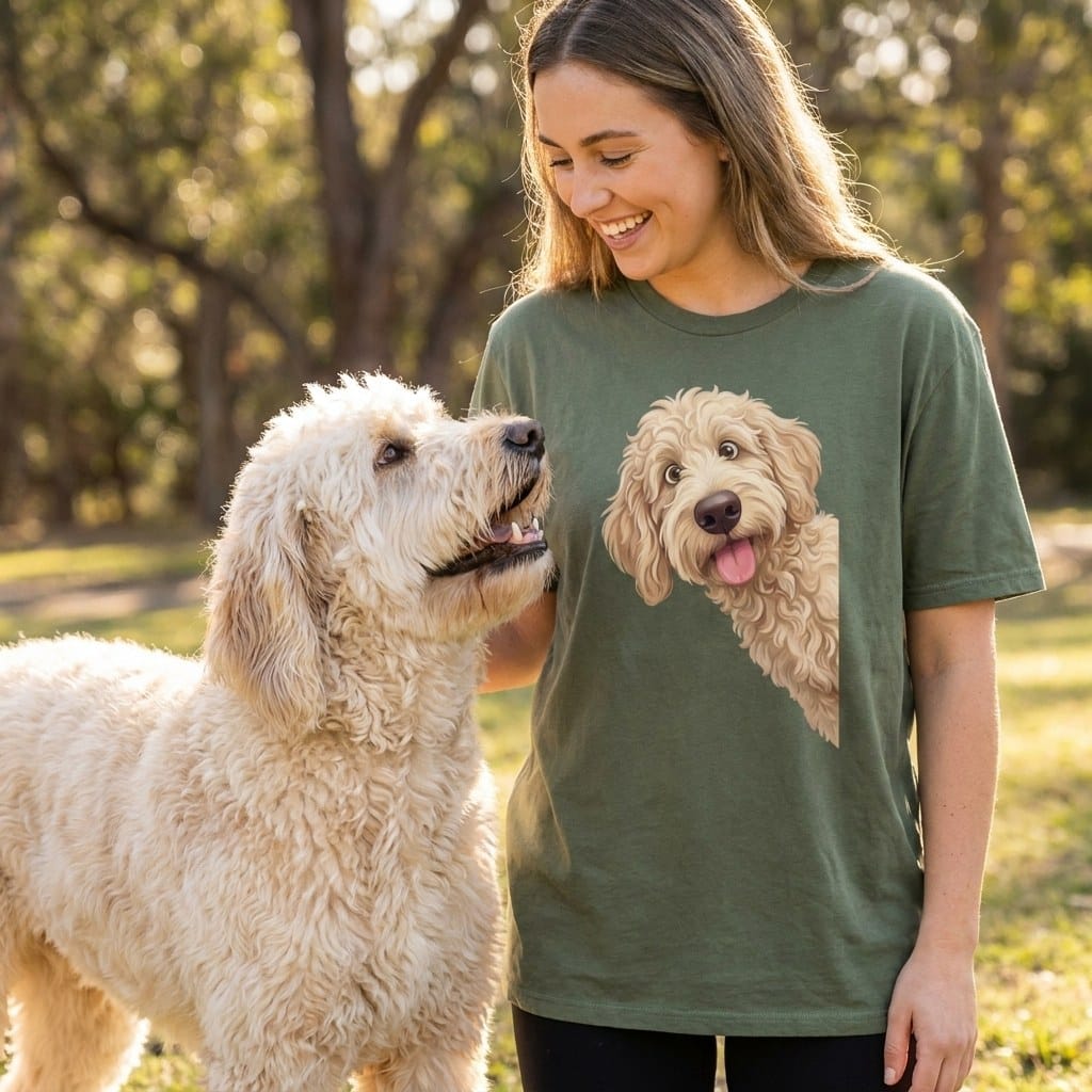 Tongue Out Cream Goldendoodle T-Shirt in by MyDesigns