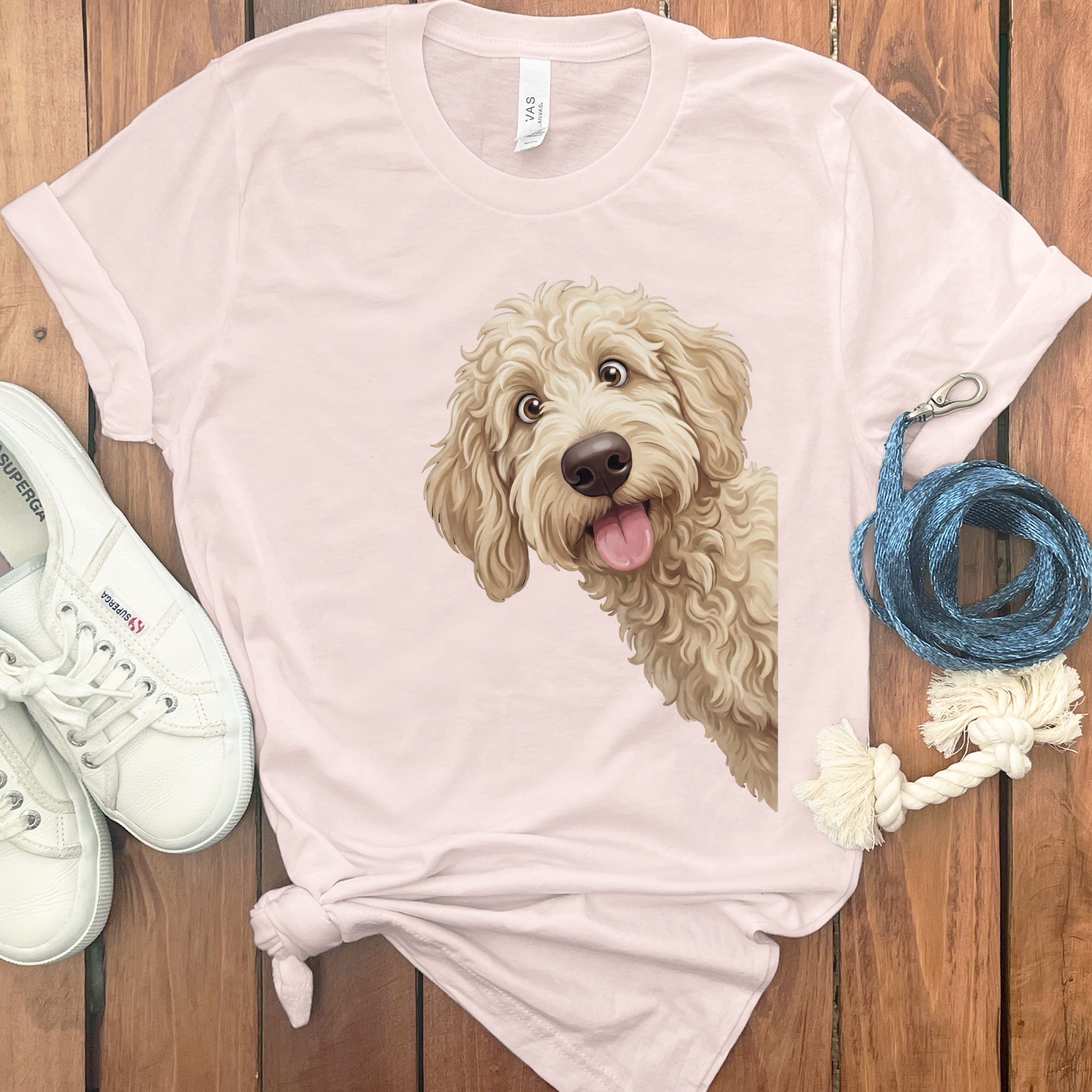 Tongue Out Cream Goldendoodle T-Shirt in Soft Pink / S by MyDesigns