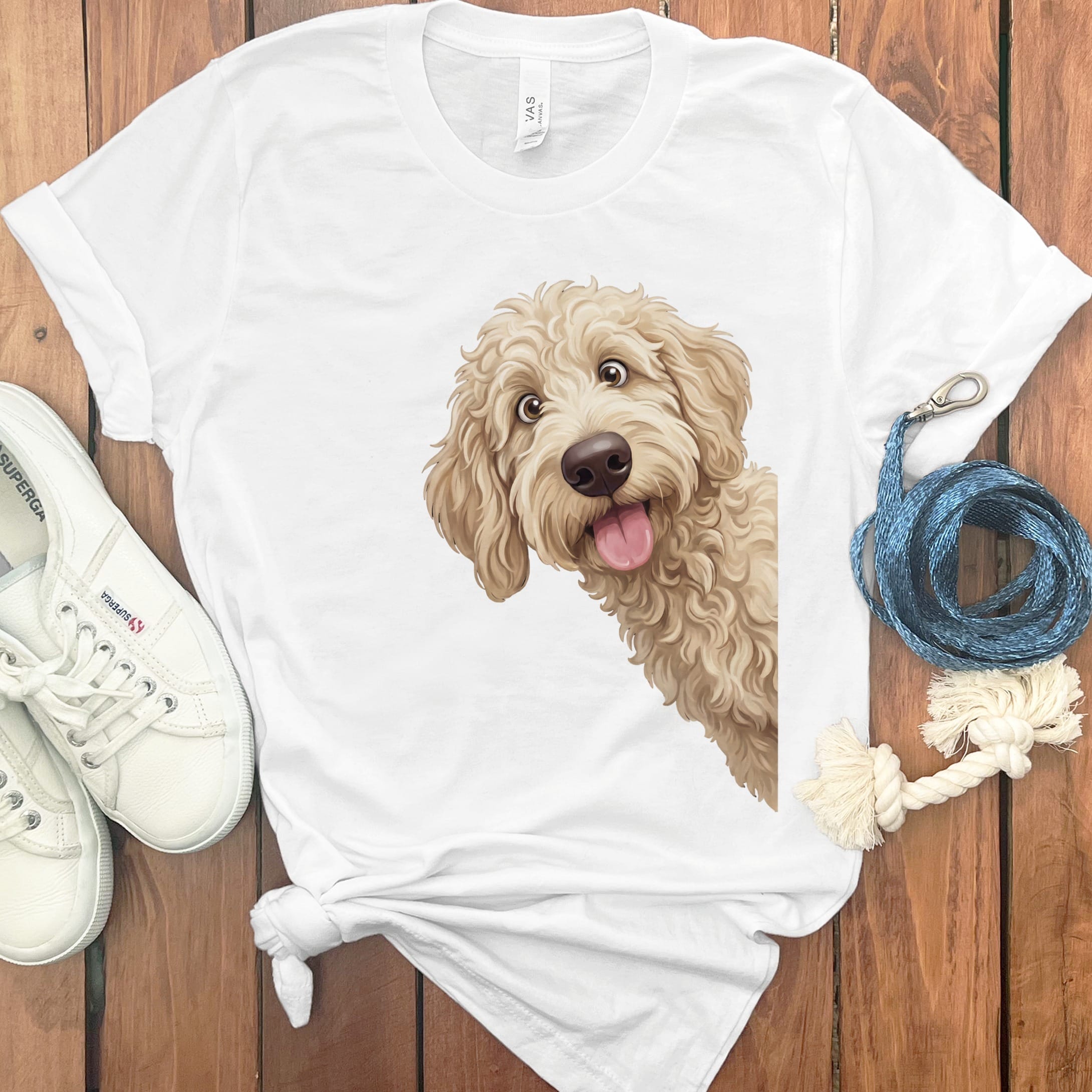 Tongue Out Cream Goldendoodle T-Shirt in White / S by MyDesigns