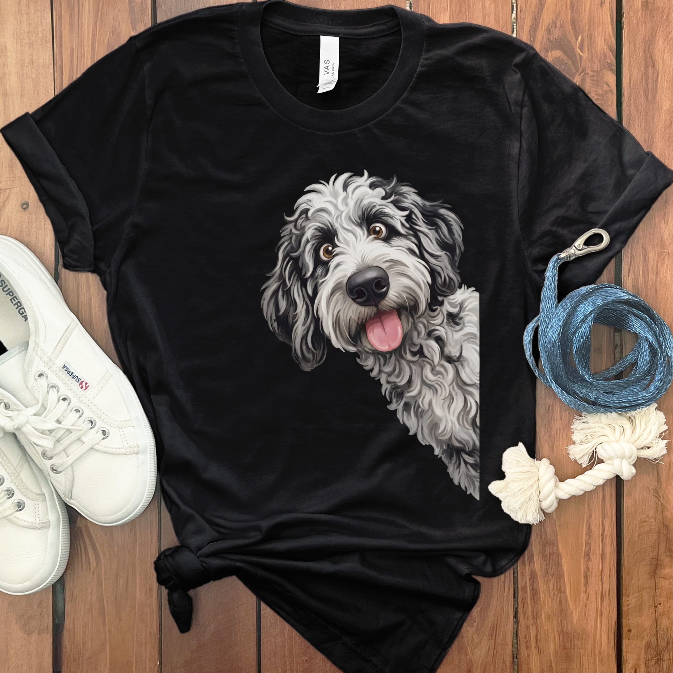 Tongue Out Merle Goldendoodle T-Shirt in Black / S by MyDesigns