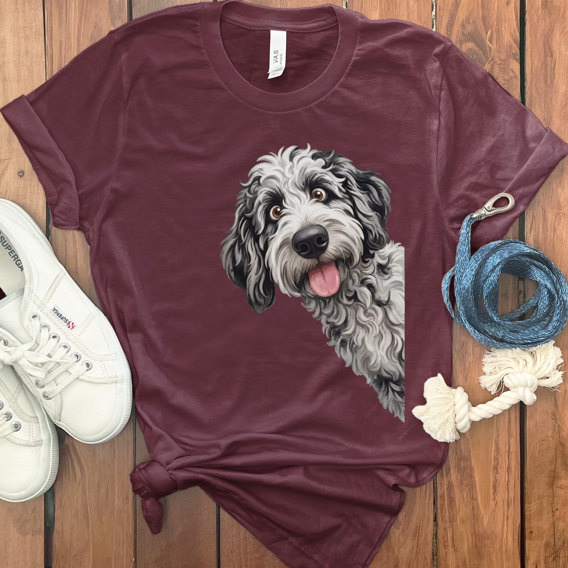 Tongue Out Merle Goldendoodle T-Shirt in Maroon / S by MyDesigns