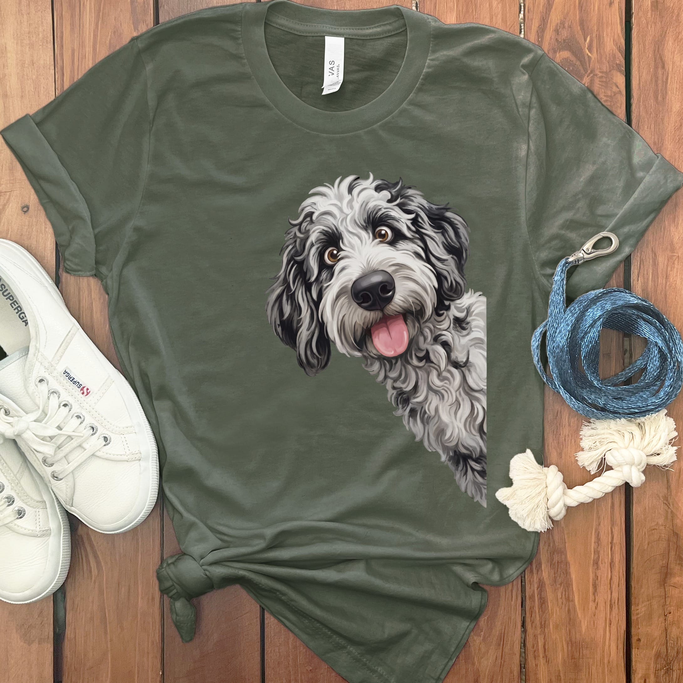 Tongue Out Merle Goldendoodle T-Shirt in Military Green / S by MyDesigns