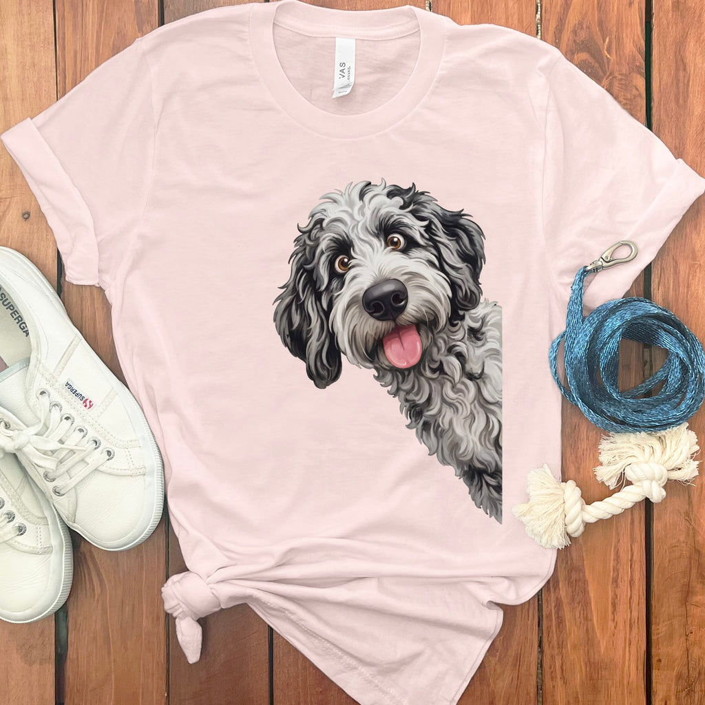 Tongue Out Merle Goldendoodle T-Shirt in Soft Pink / S by MyDesigns