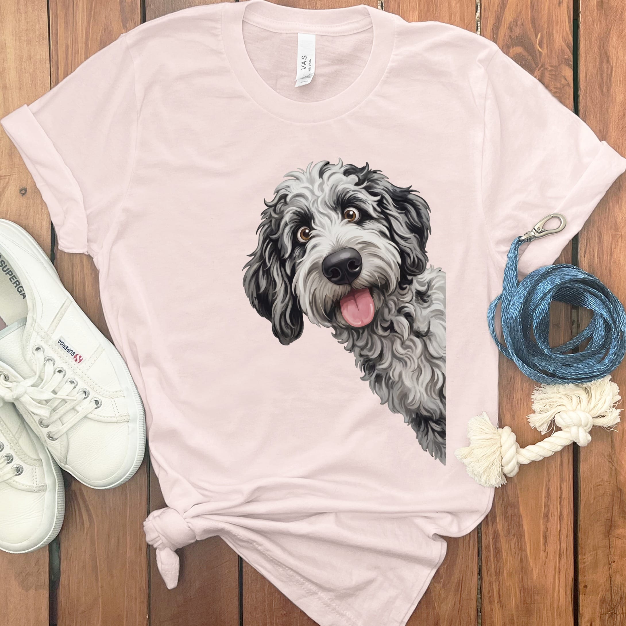 Tongue Out Merle Goldendoodle T-Shirt in Soft Pink / S by MyDesigns